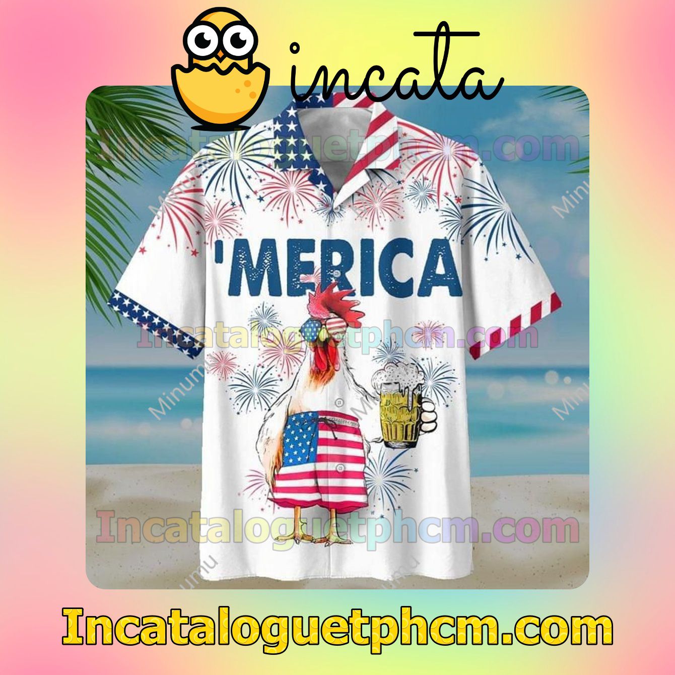 American Flag Rooster Drink Beer Print Beach Shirt