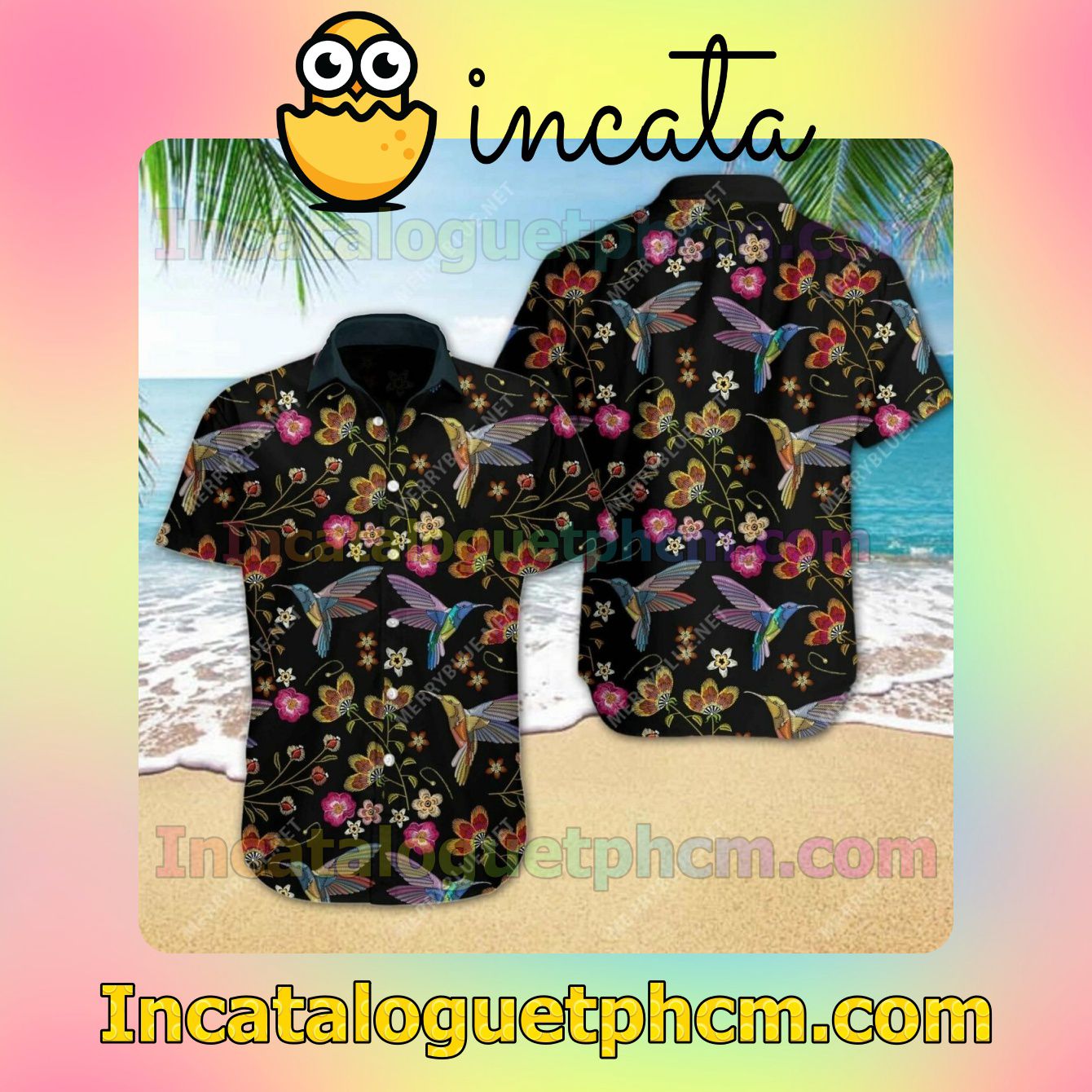 Beautiful Hummingbirds And Spring Flowers Embroidery Black Vacation Shirt