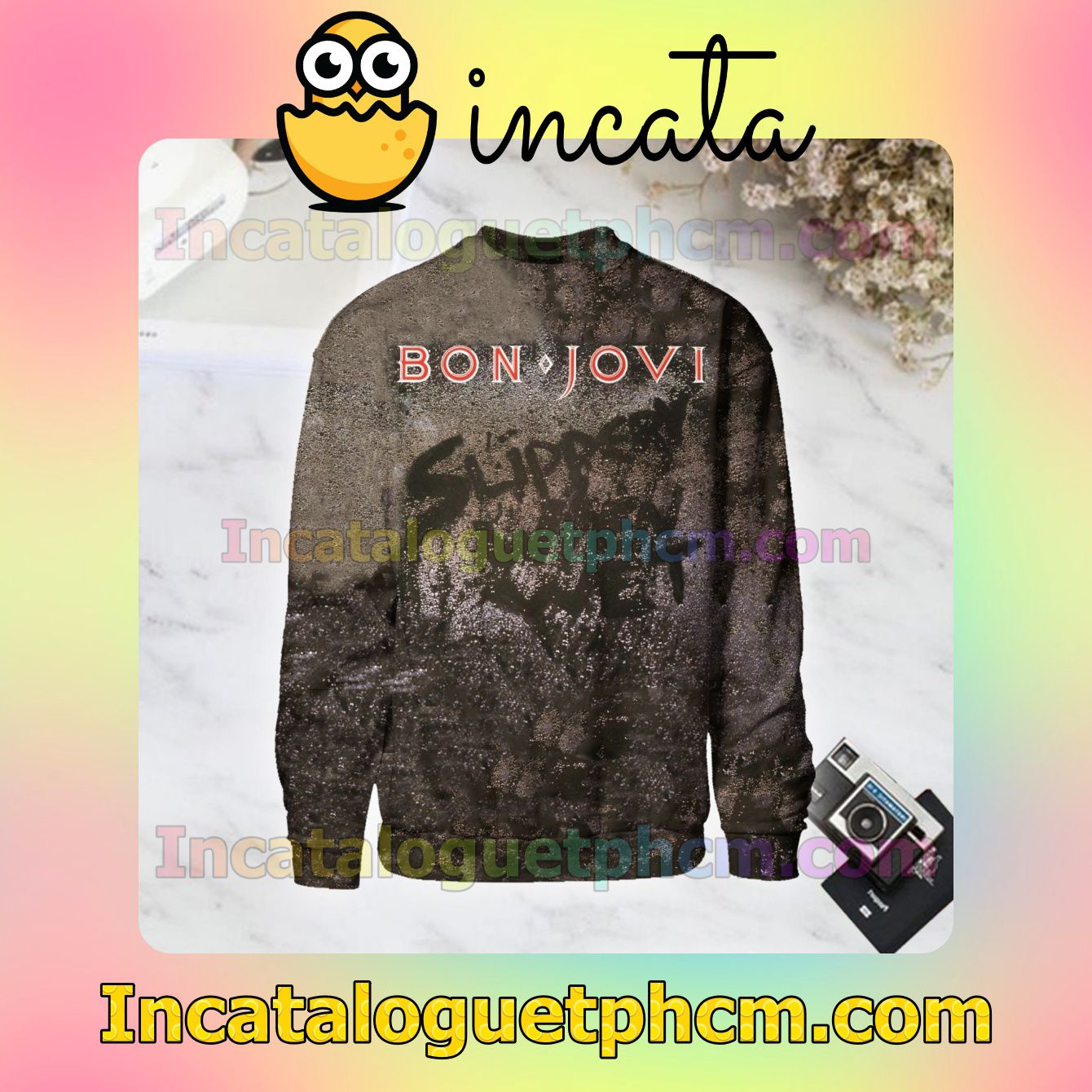 Bon Jovi Slippery When Wet Album Cover Brown Long Sleeve Shirts For Men