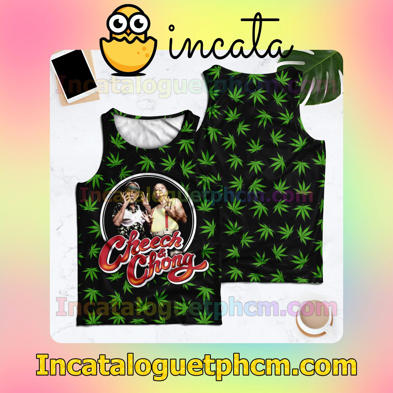Cheech And Chong Weed Leaves Black Racerback Tank