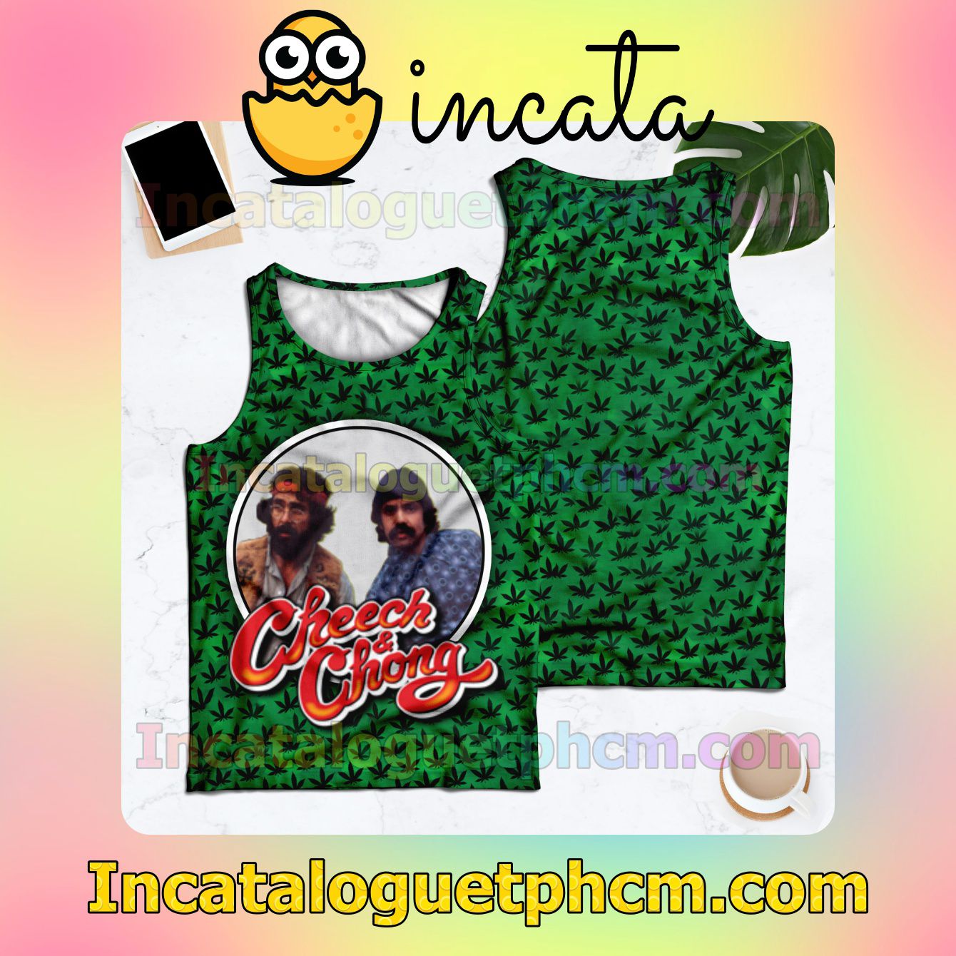 Cheech And Chong Weed Leaves Green Racerback Tank