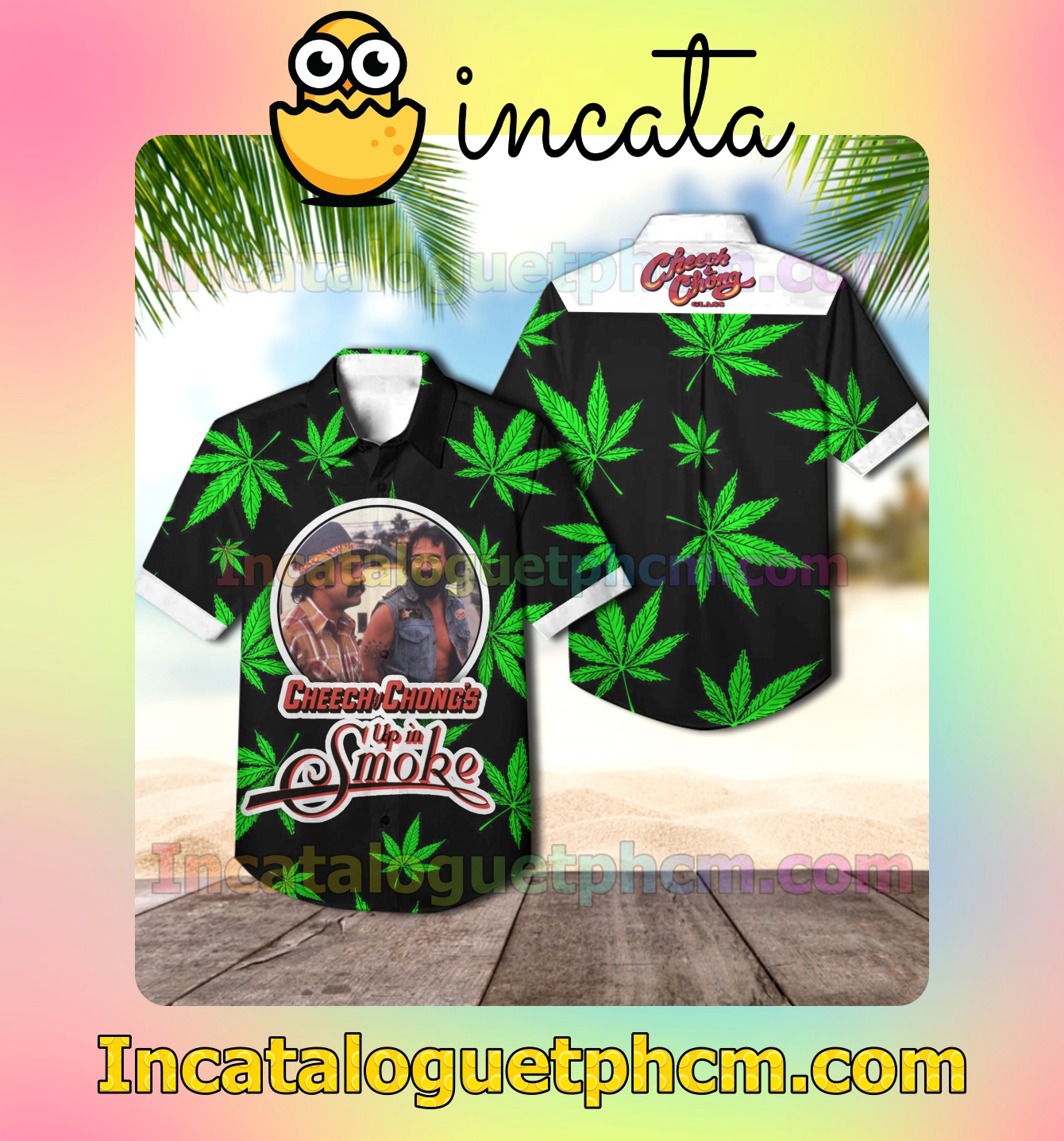 Cheech And Chong's Up In Smoke Weed Black Casual Button Down Shirt