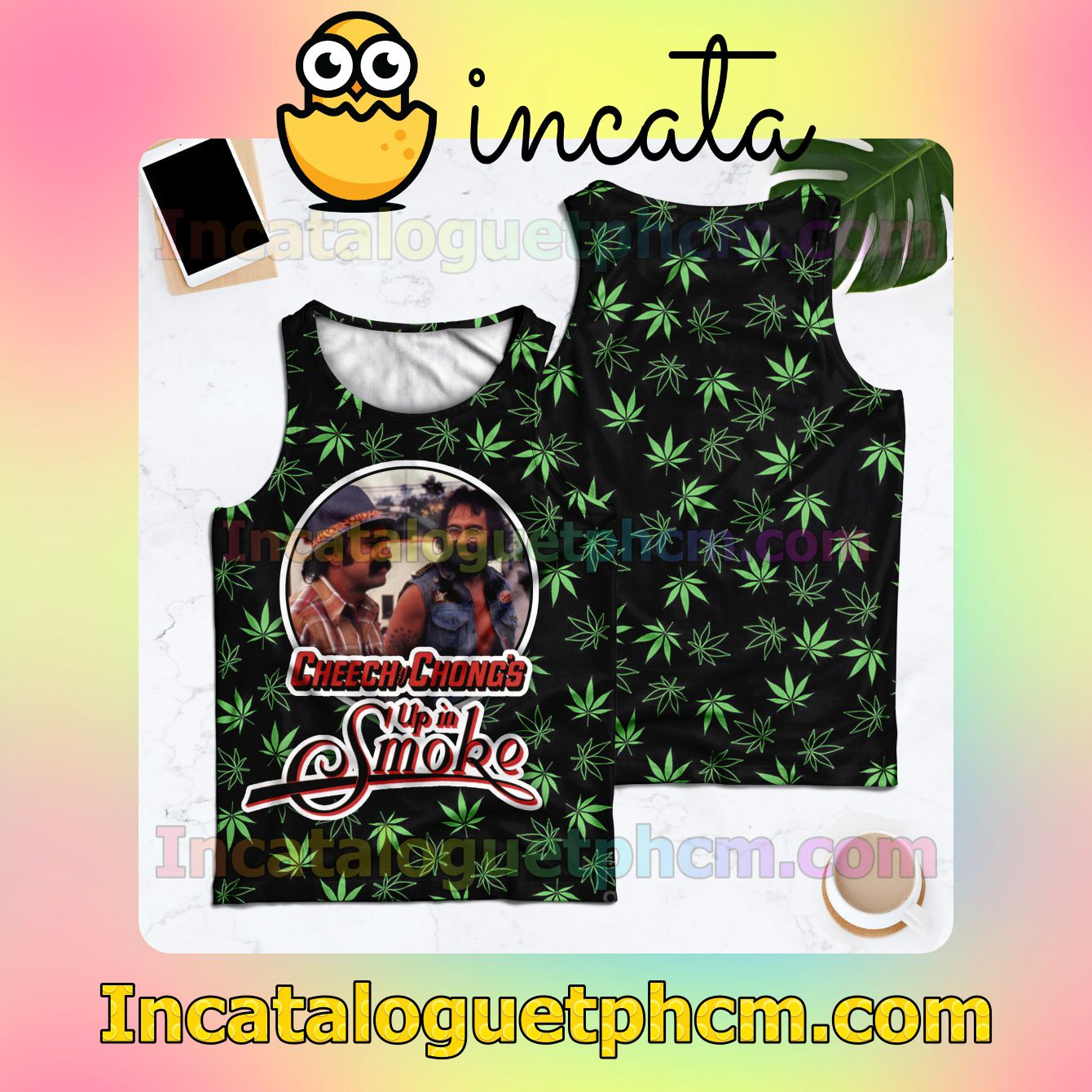 Cheech And Chong's Up In Smoke Weed Leaves Racerback Tank