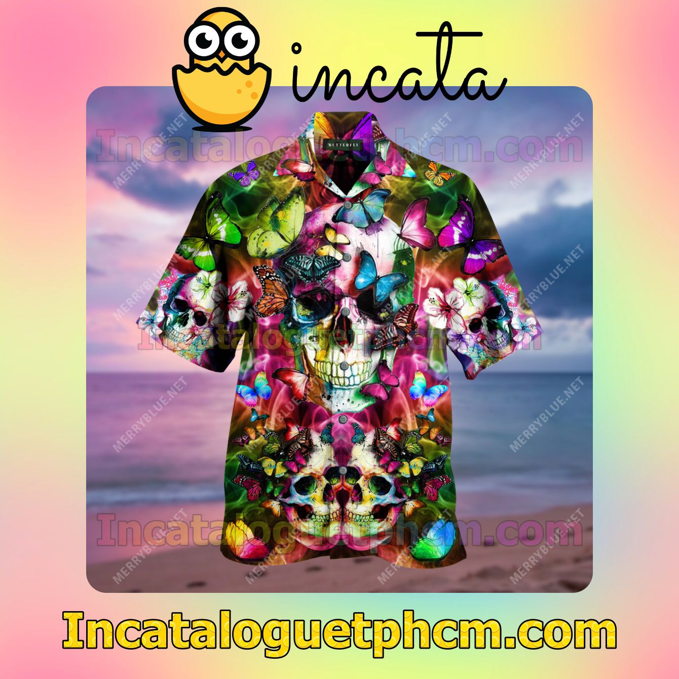 Colorful Beautiful Skull And Butterflies Vacation Shirt
