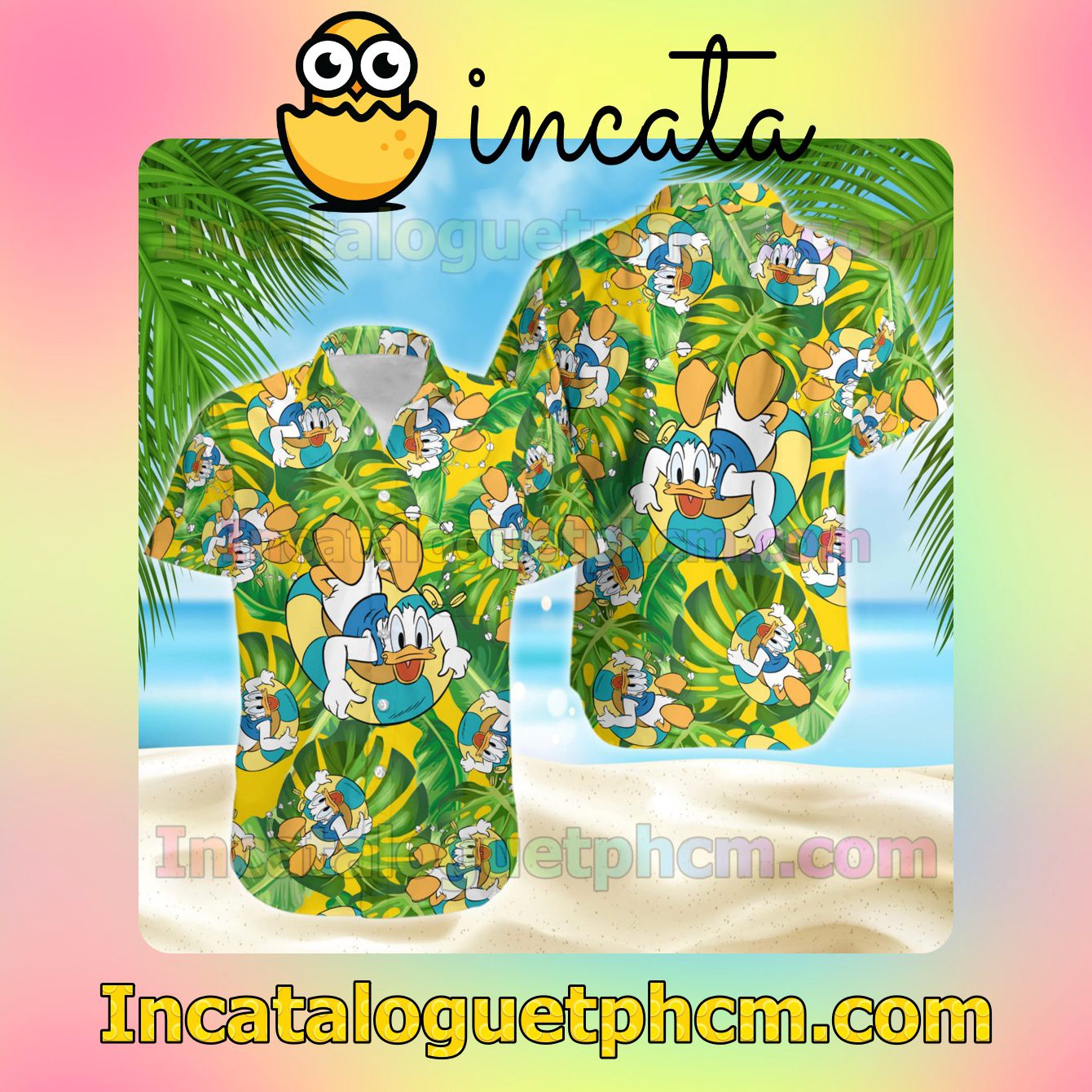 Donald Duck Green Yellow Floral Disney Beach Shirt