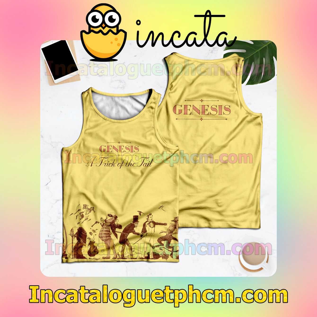 Genesis A Trick Of The Tail Album Cover Yellow Racerback Tank