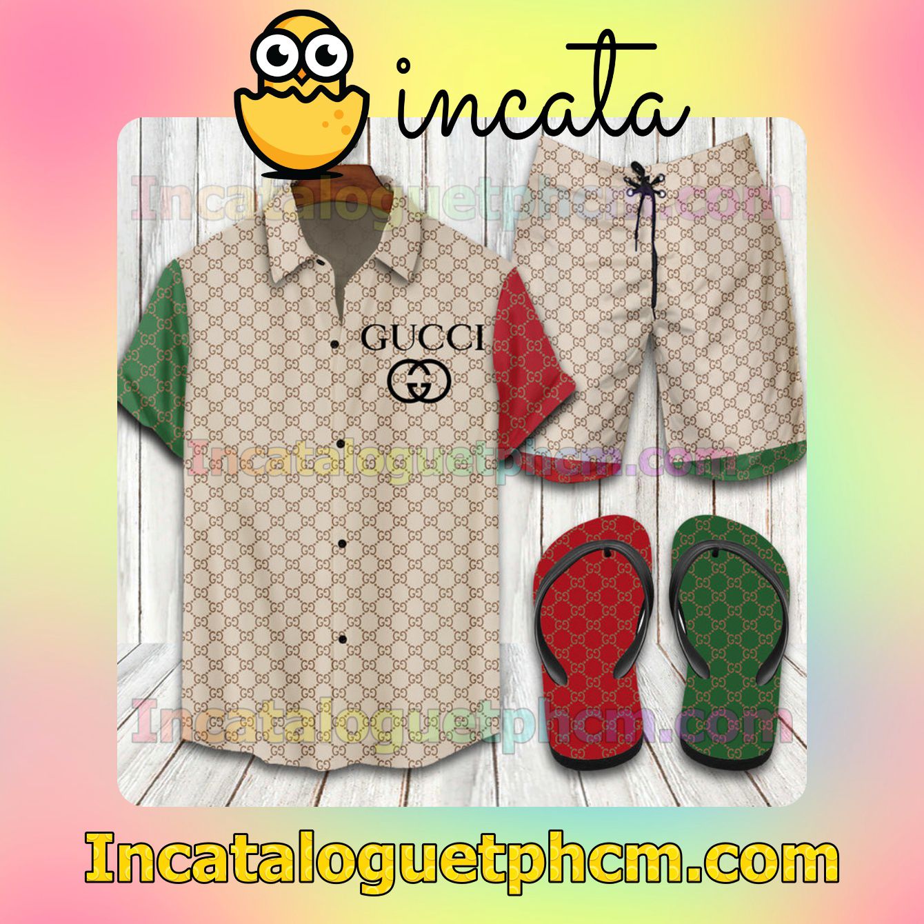 Check out Gucci 2022 Green And Red Aloha Shirt And Shorts