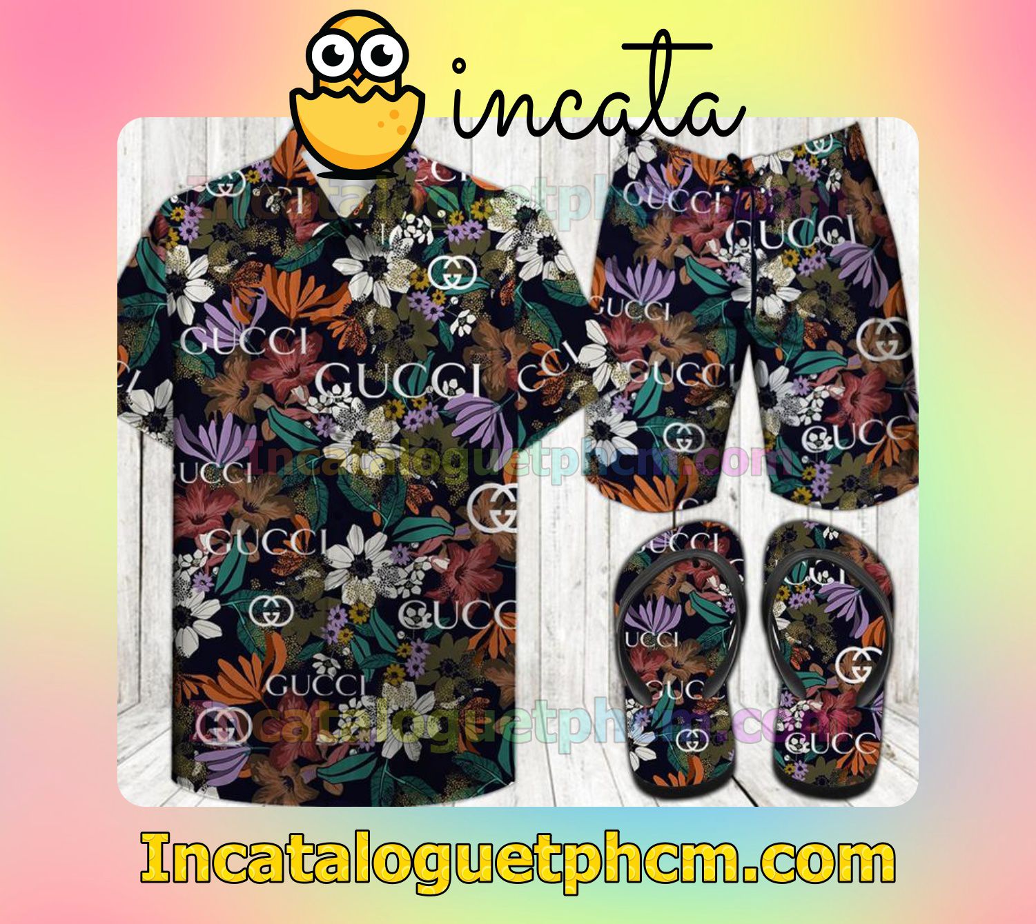 Gucci Floral Print Background Aloha Shirt And Shorts