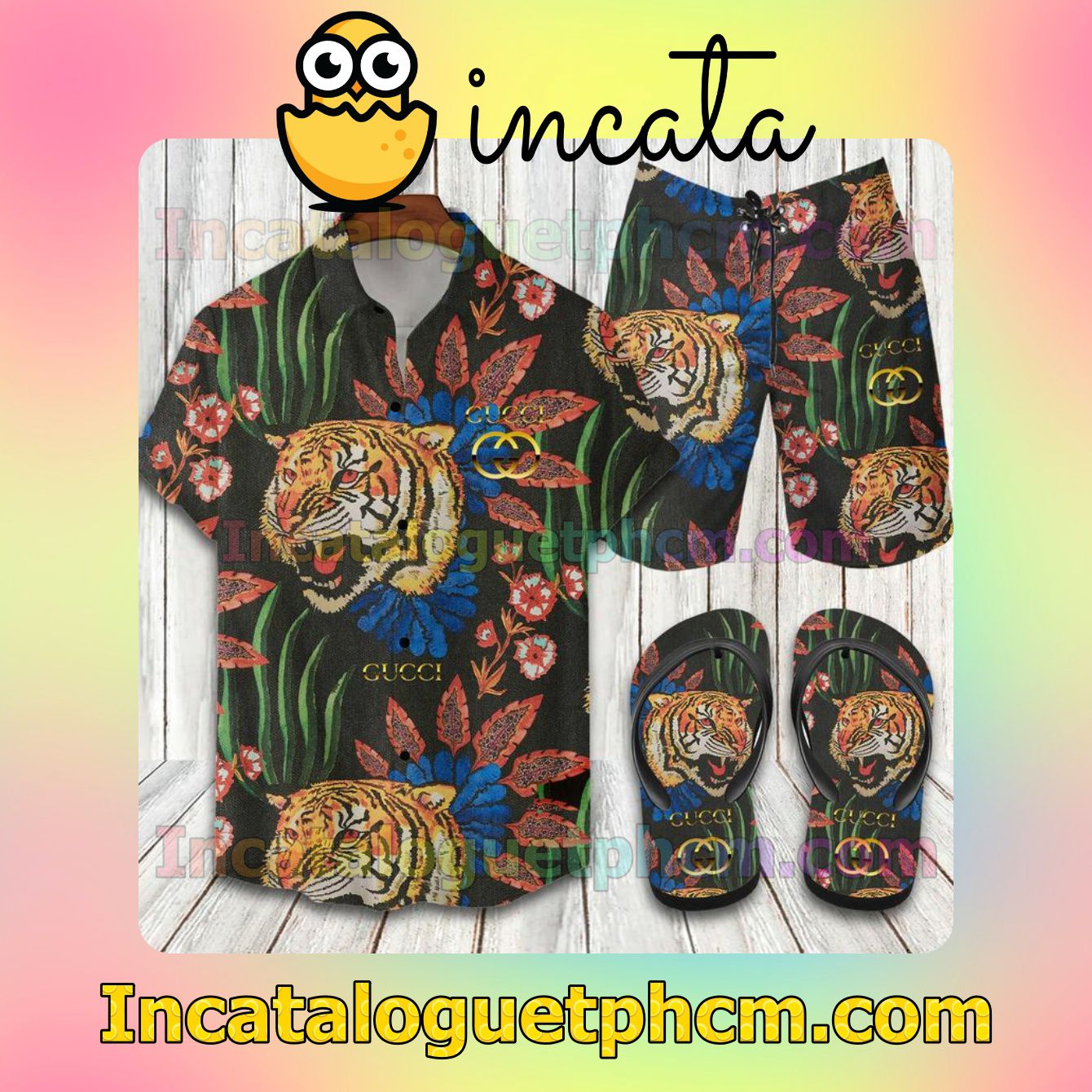 Gucci Tiger Both Flowers And Leaves Aloha Shirt And Shorts