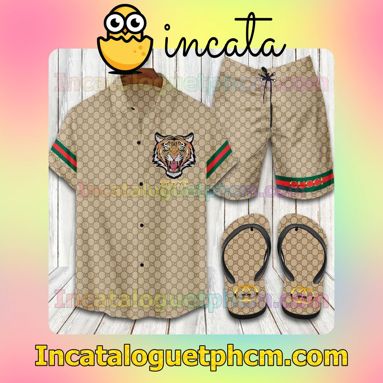 Gucci Tiger Brown Aloha Shirt And Shorts