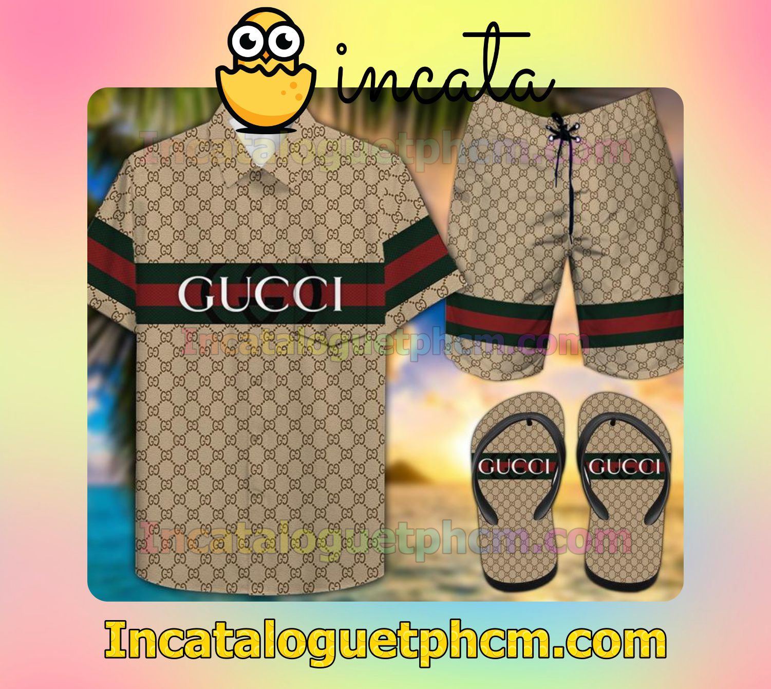 Discount Gucci Two-Color Horizontal Stripe With Gucci Lettering Aloha Shirt And Shorts
