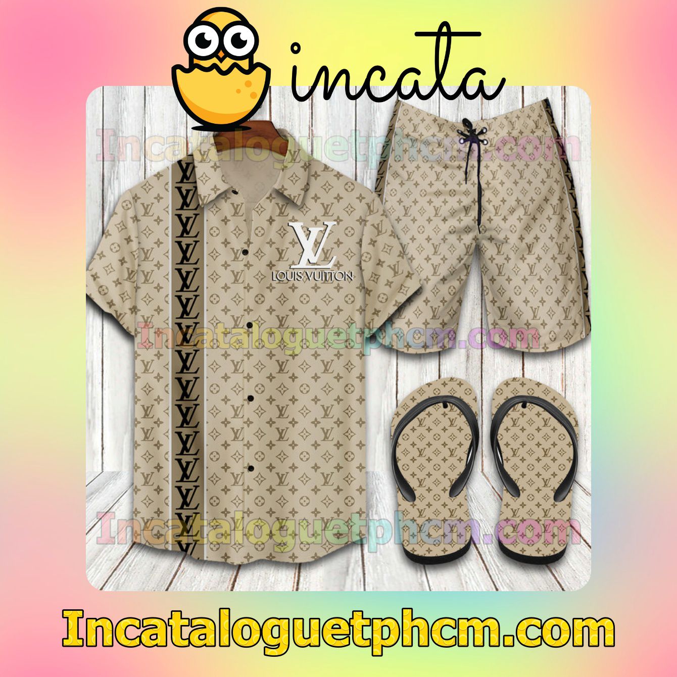 Louis Vuitton 2022 Beige Colored Aloha Shirt And Shorts