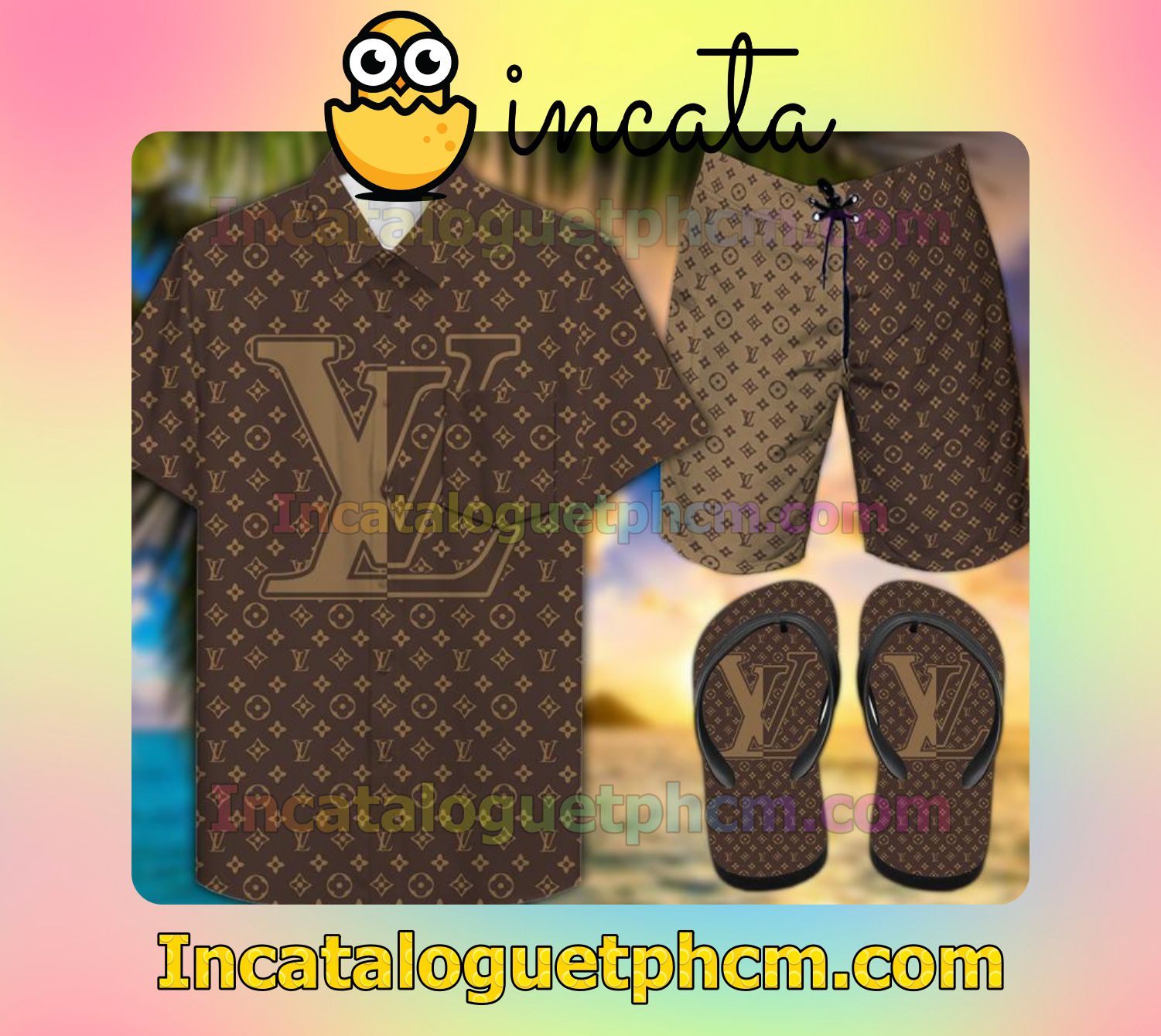 Great Quality Louis Vuitton Brown Texture Aloha Shirt And Shorts