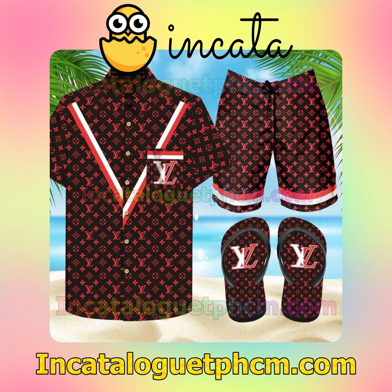 Louis Vuitton Red V Shape On The Front Of The Shirt Aloha Shirt And Shorts