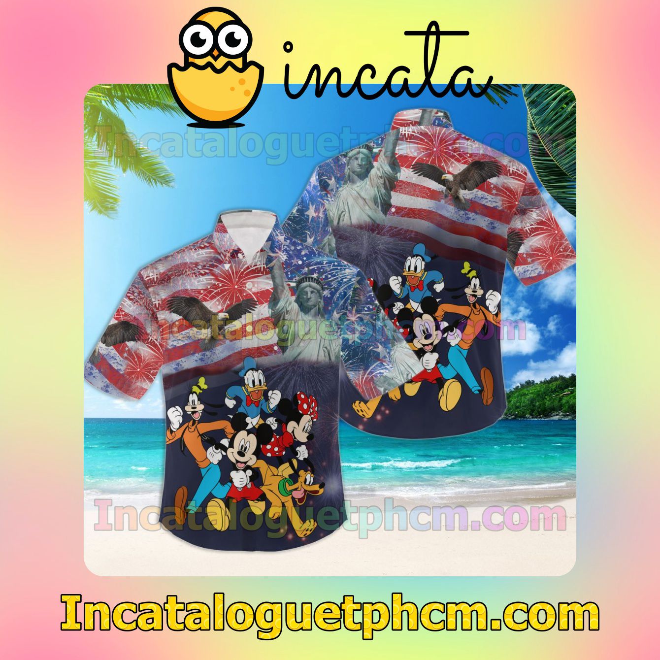 Mickey Minnie Goofy Donald 4th July Beach Shirt