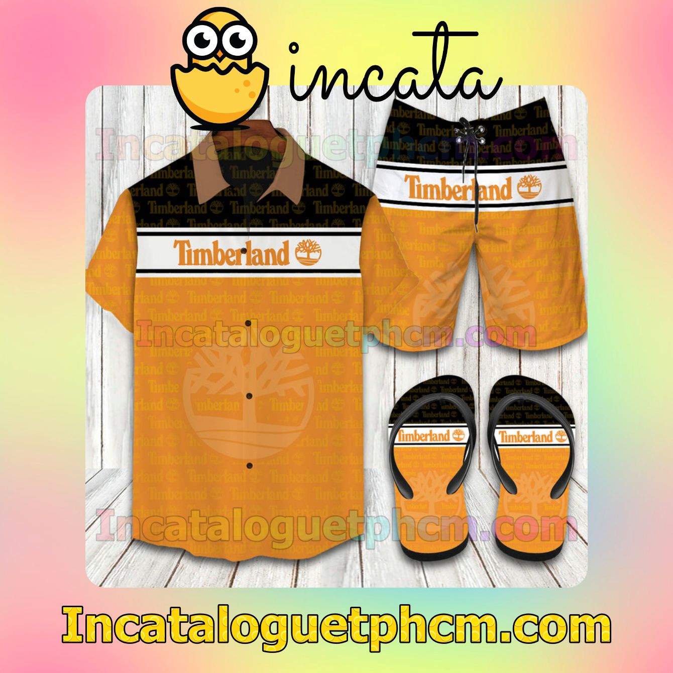 Timberland 2022 Black Orange Aloha Shirt And Shorts