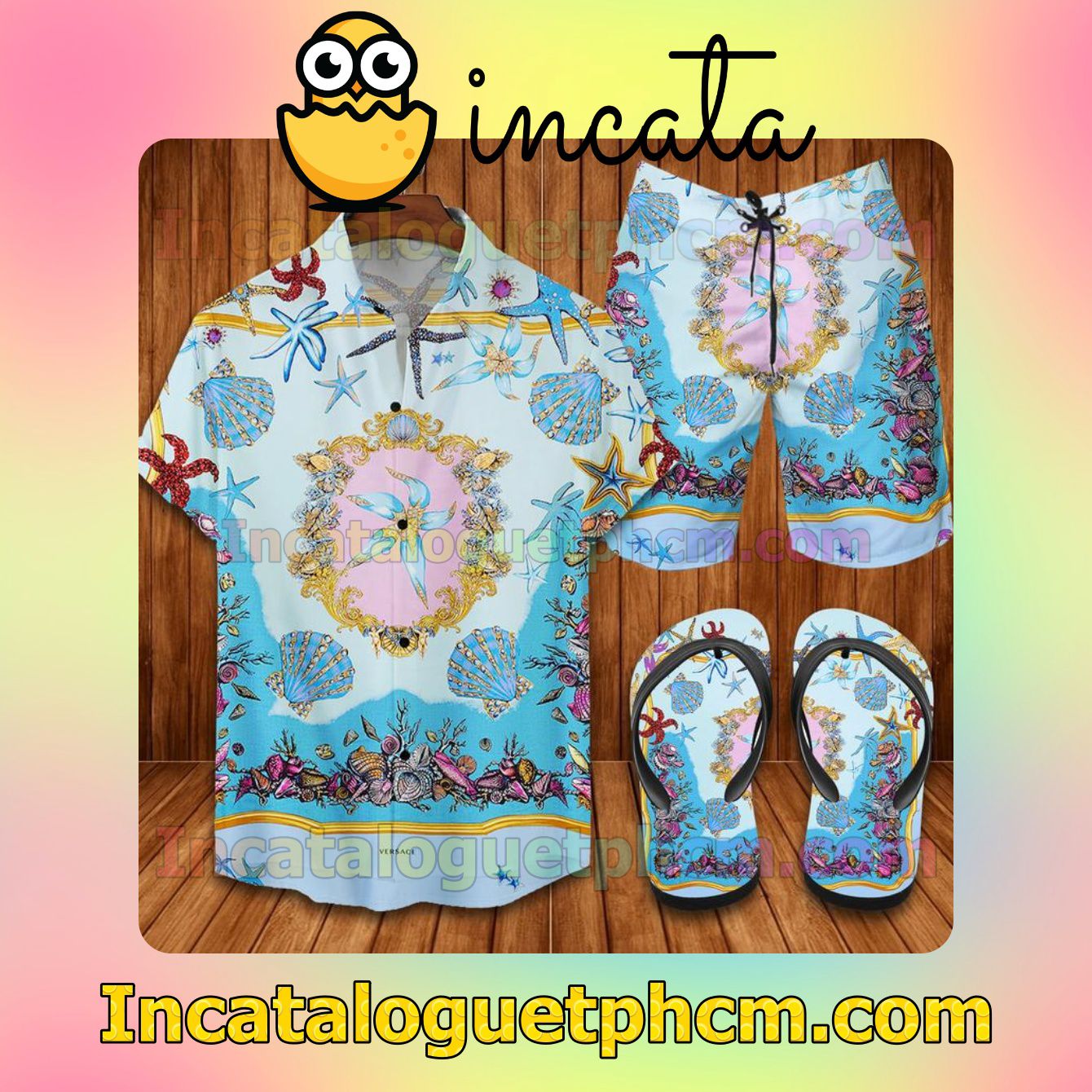 Versace Blue Starfish Aloha Shirt And Shorts