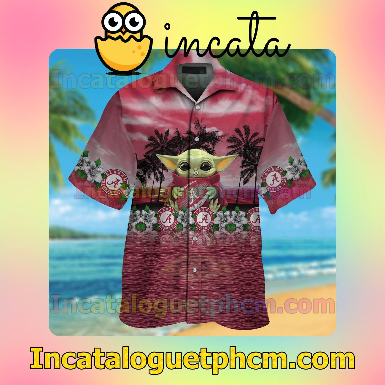 Alabama Crimson Tide & Baby Yoda Beach Vacation Shirt, Swim Shorts
