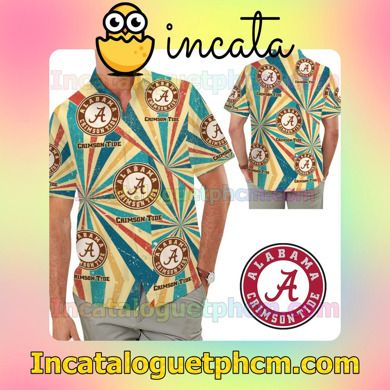 Alabama Crimson Tide Retro Vintage Style Beach Vacation Shirt, Swim Shorts