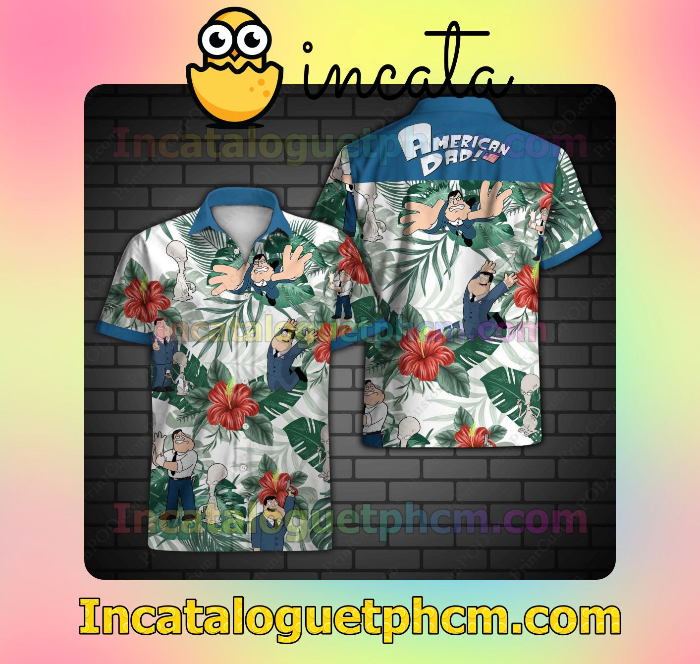 American Dad Red Hibiscus Palm Leaf White Men's Casual Shirts
