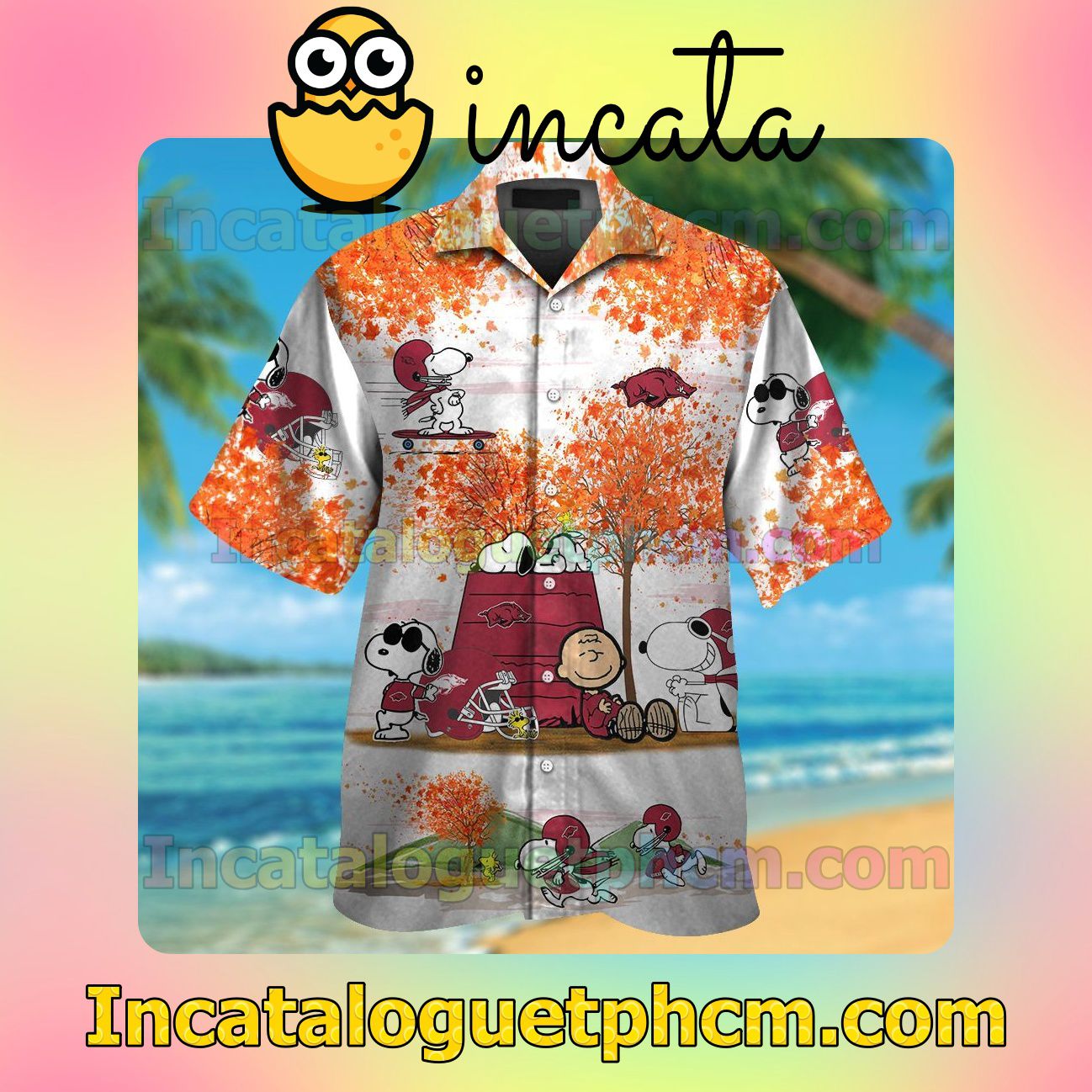 Arkansas Razorbacks Snoopy Autumn Beach Vacation Shirt, Swim Shorts