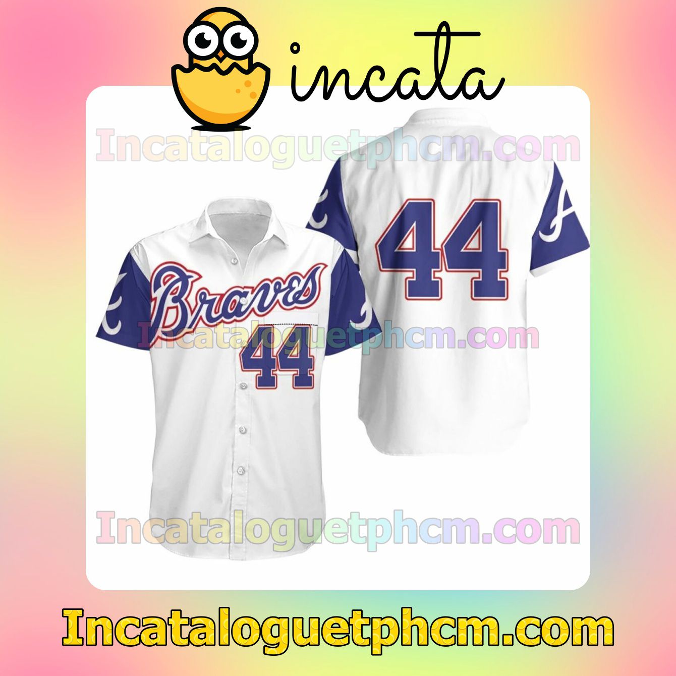 Atlanta Braves Hank Aaron 44 Mlb White And Blue Custom Short Sleeve Shirt