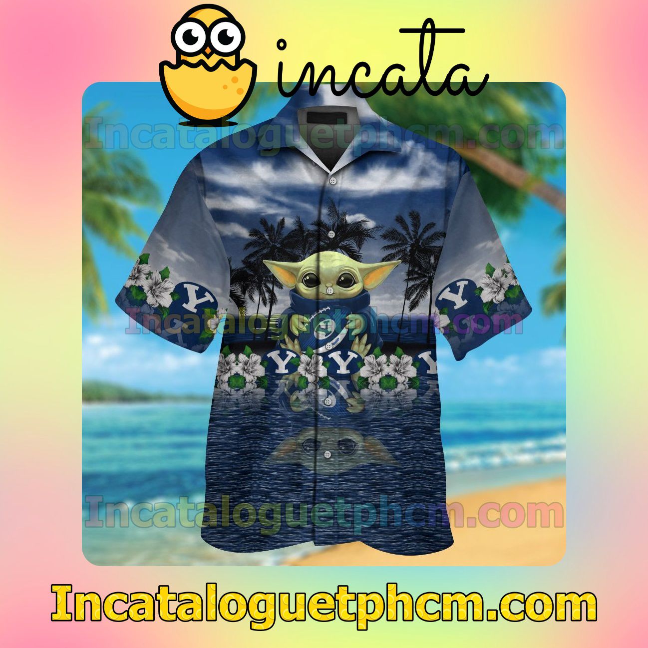 BYU Cougars Baby Yoda Beach Vacation Shirt, Swim Shorts