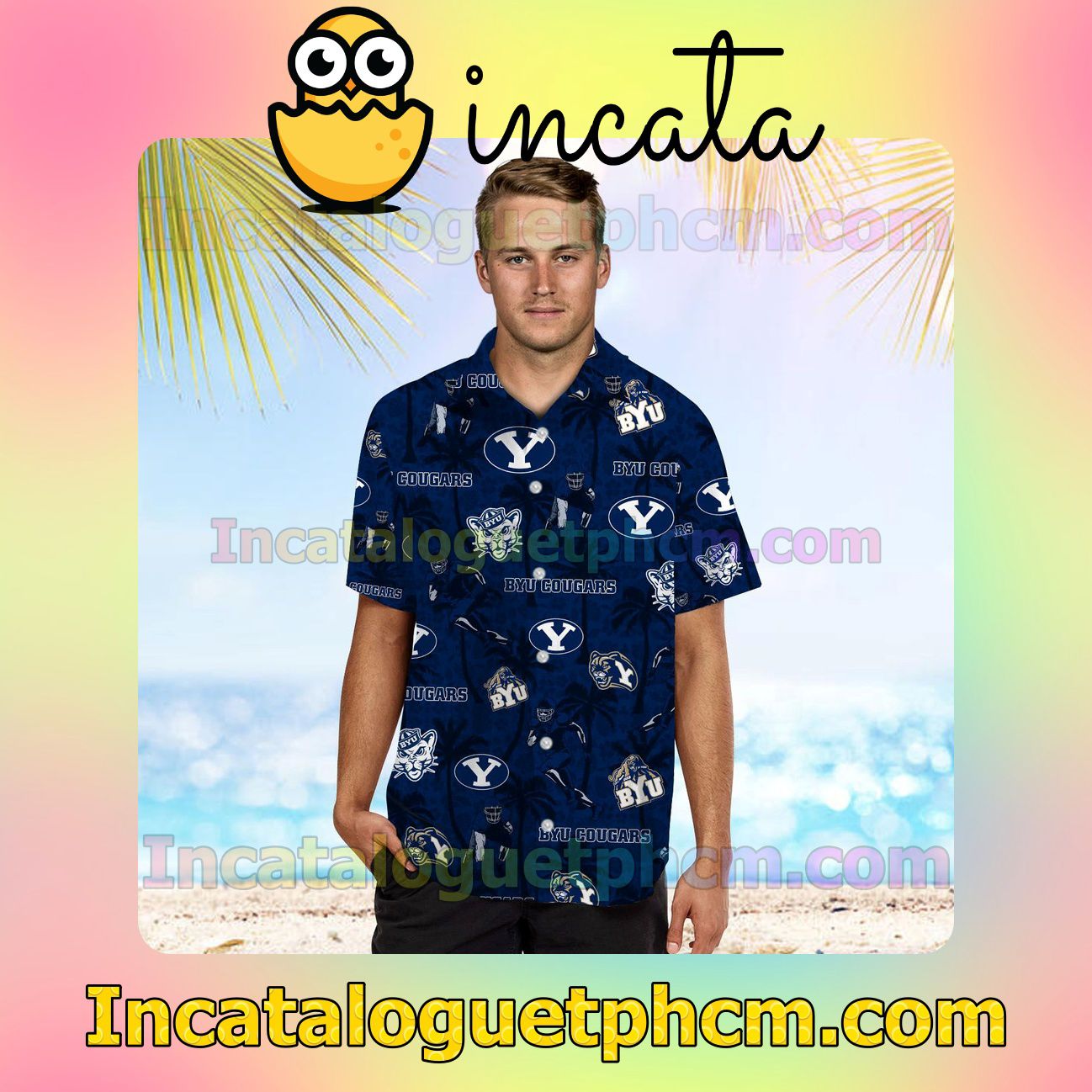 BYU Cougars Tropical Coconut Tree Beach Vacation Shirt, Swim Shorts