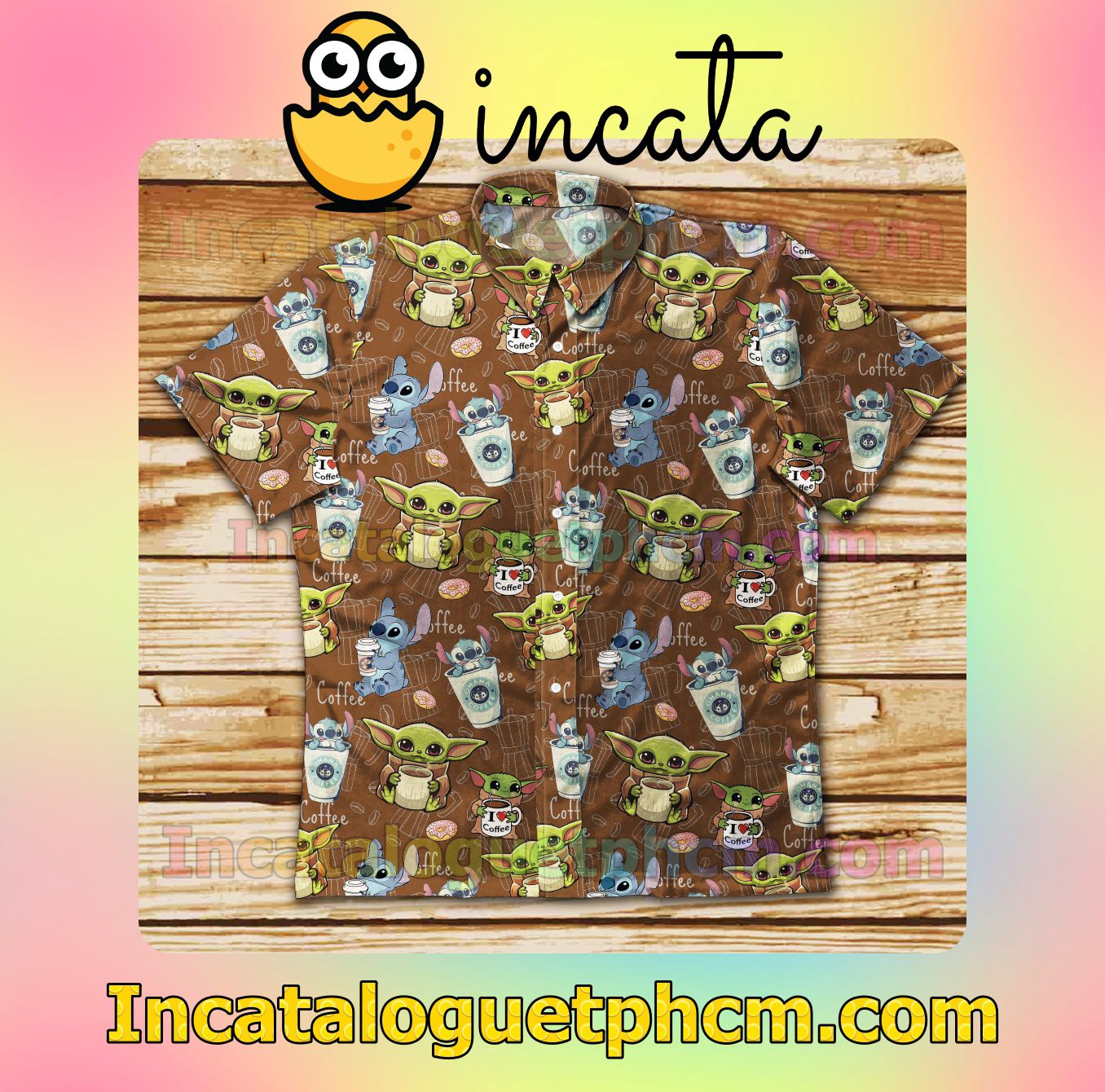 Baby Yoda And Stitch Love Coffee Brown Men's Casual Shirts