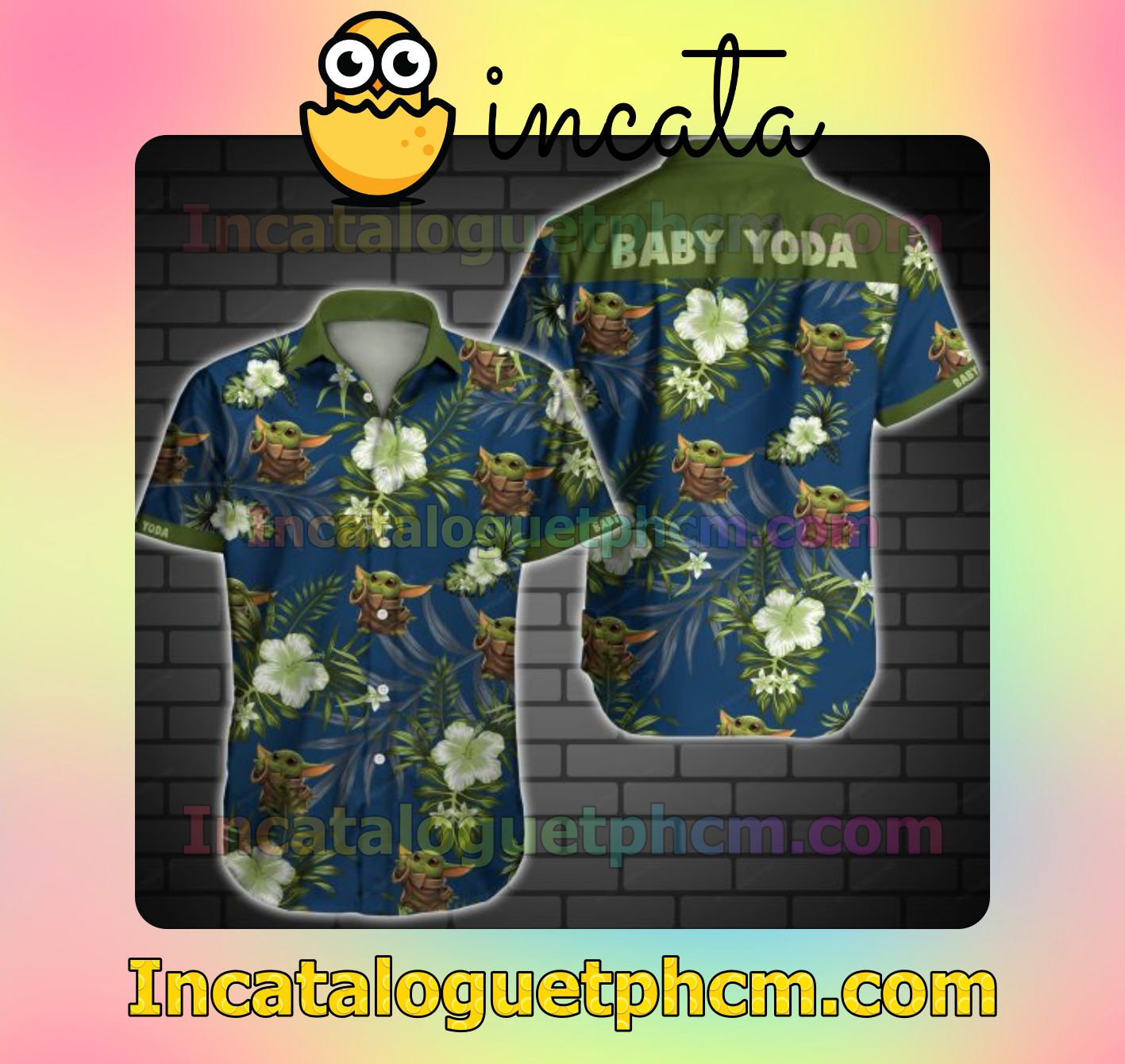 Baby Yoda Green Tropical Floral Navy Men's Casual Shirts