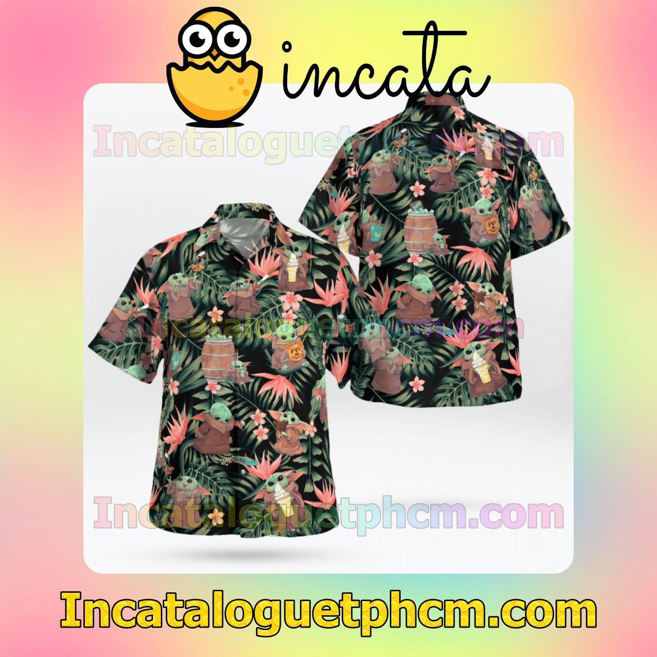 Baby Yoda Pink Strelitzia Tropical Leaf Mens Short Sleeve Shirts, Beach Shorts