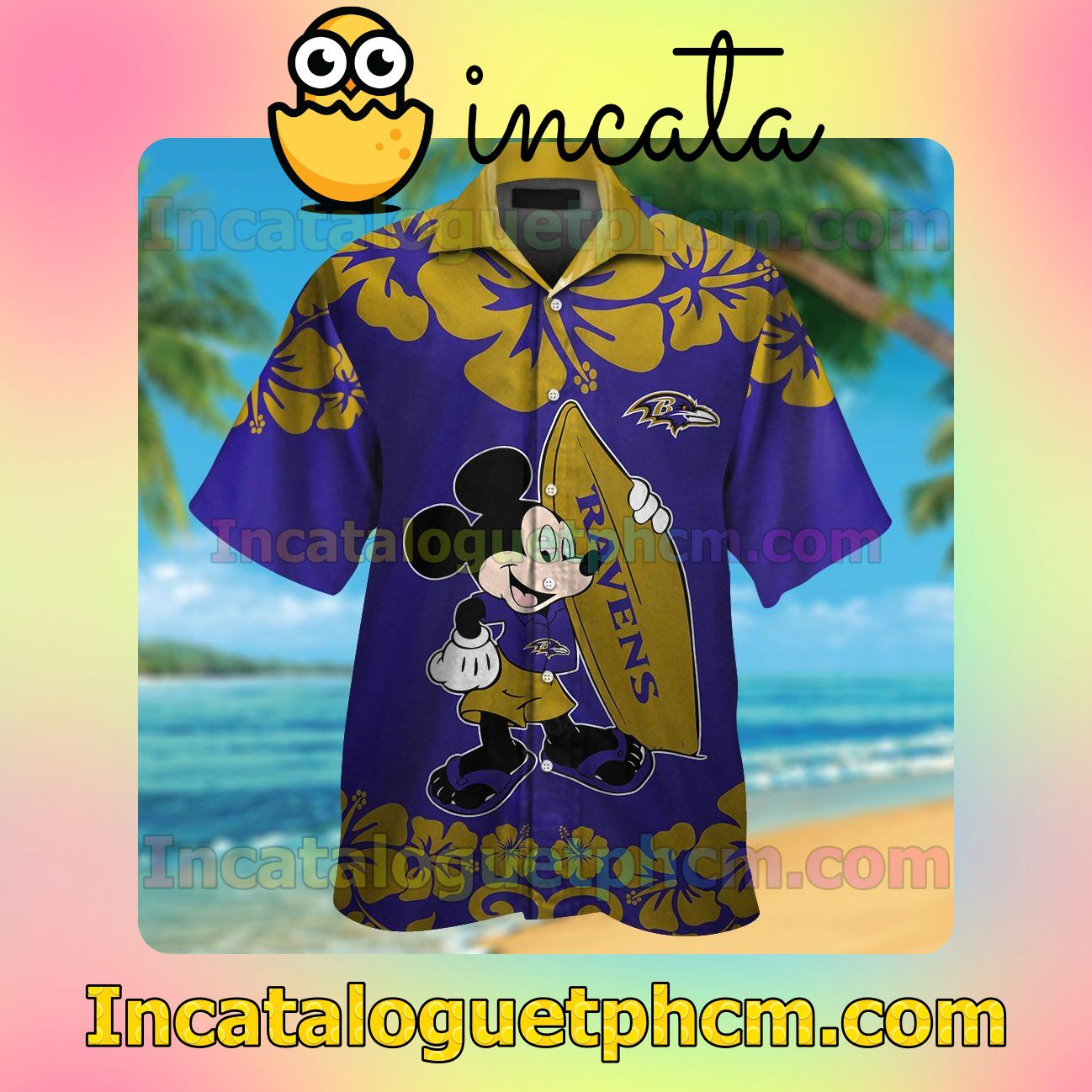 Baltimore Ravens & Mickey Mouse Beach Vacation Shirt, Swim Shorts
