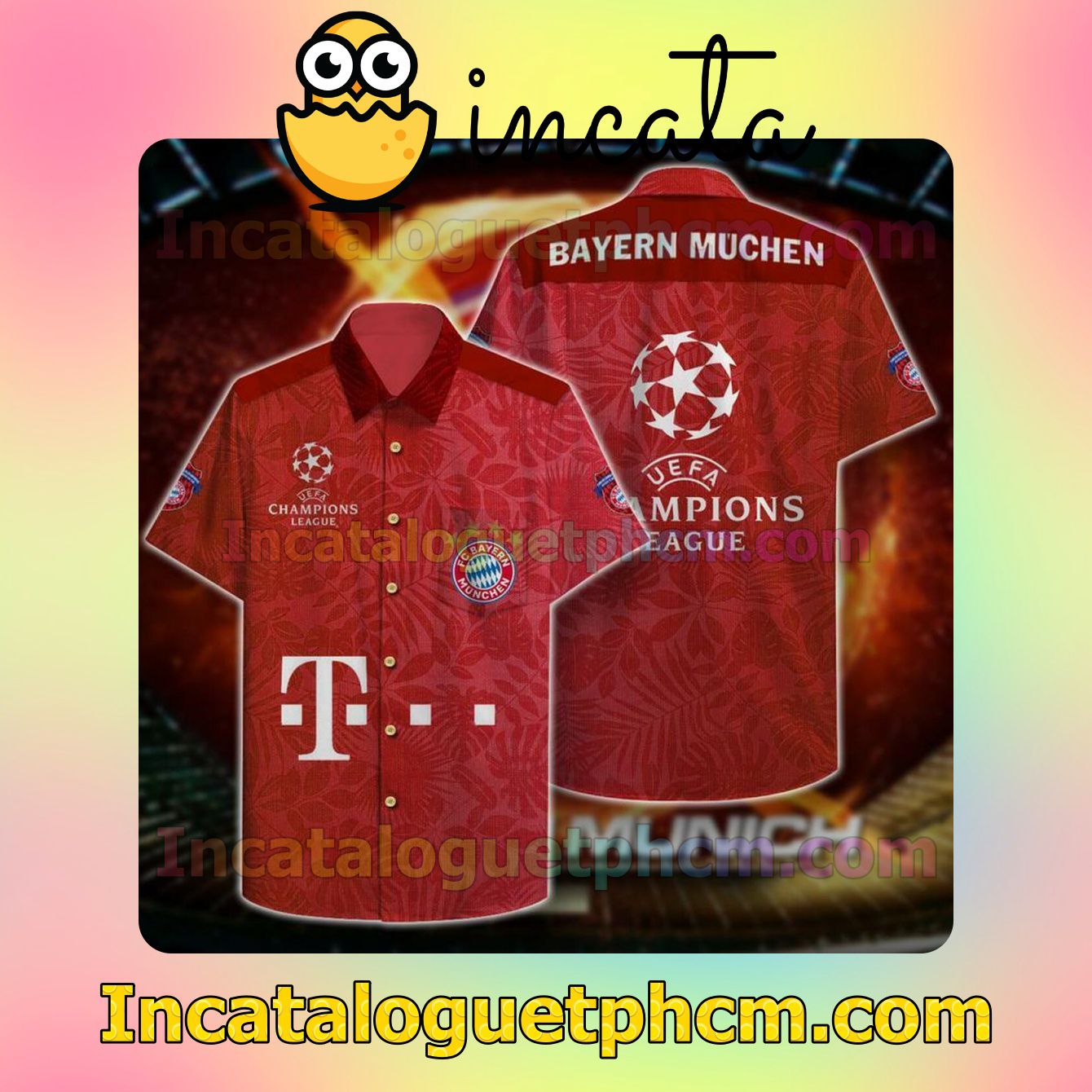 Bayern Munich Uefa Champions League Leaf Print Red Custom Short Sleeve Shirt