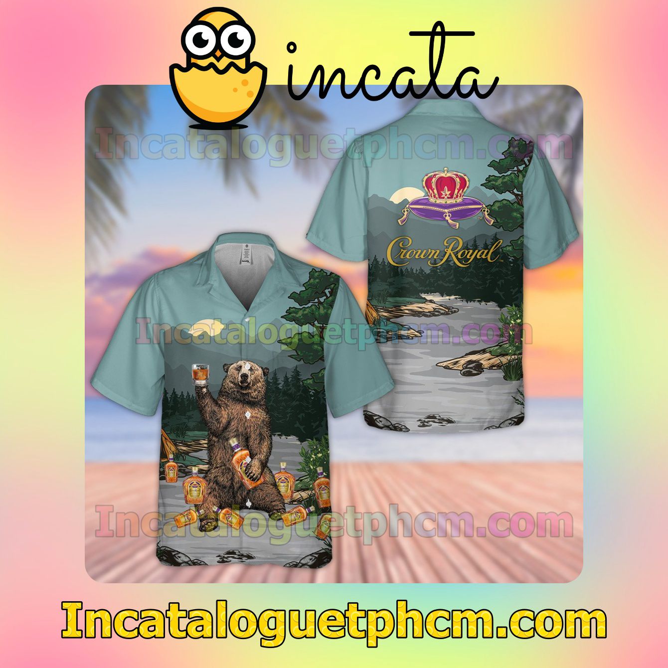 Jack Daniel's Palm Tree Sunset Button Shirt And Swim Trunk