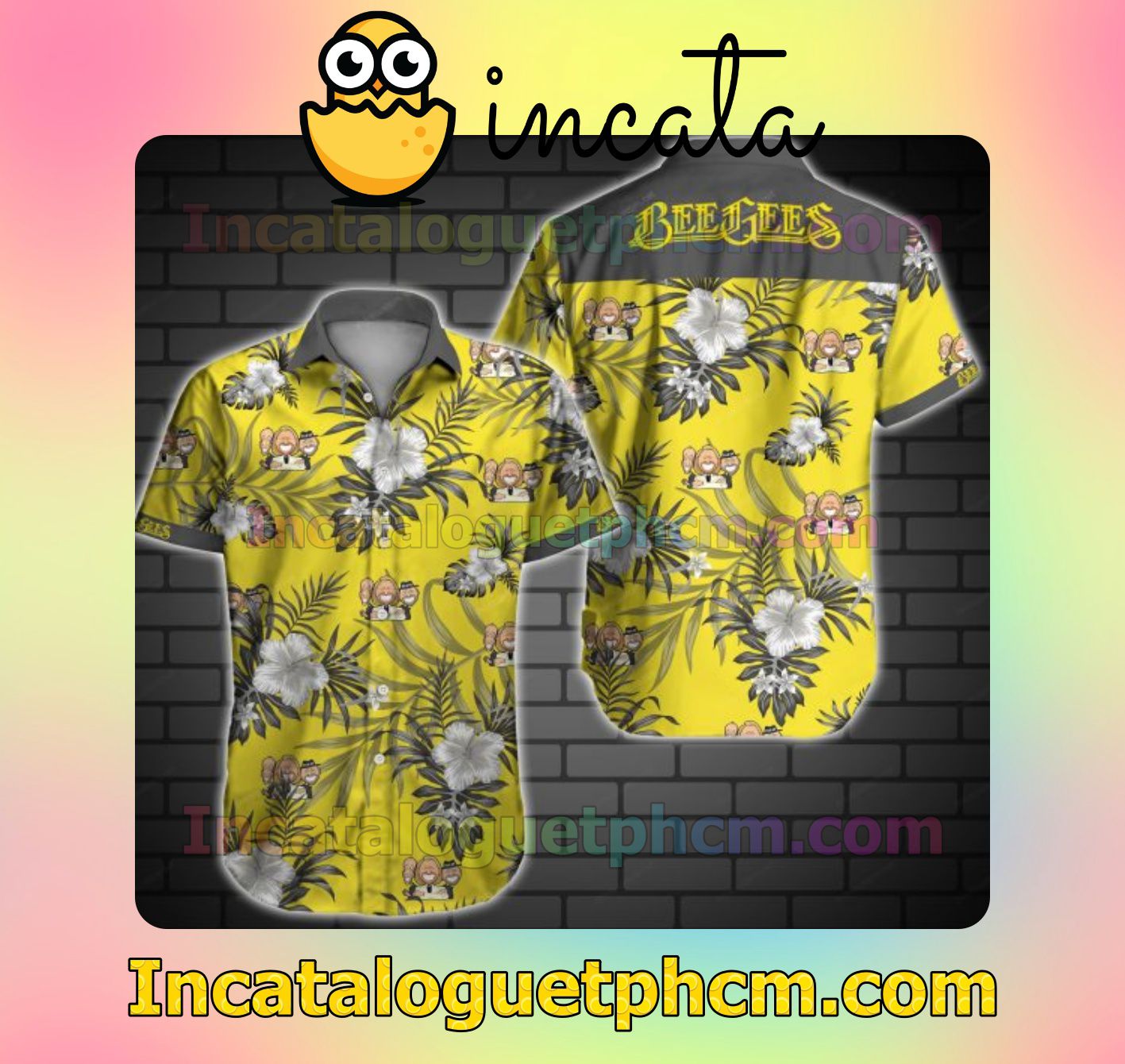Bee Gees Grey Tropical Floral Yellow Men's Casual Shirts