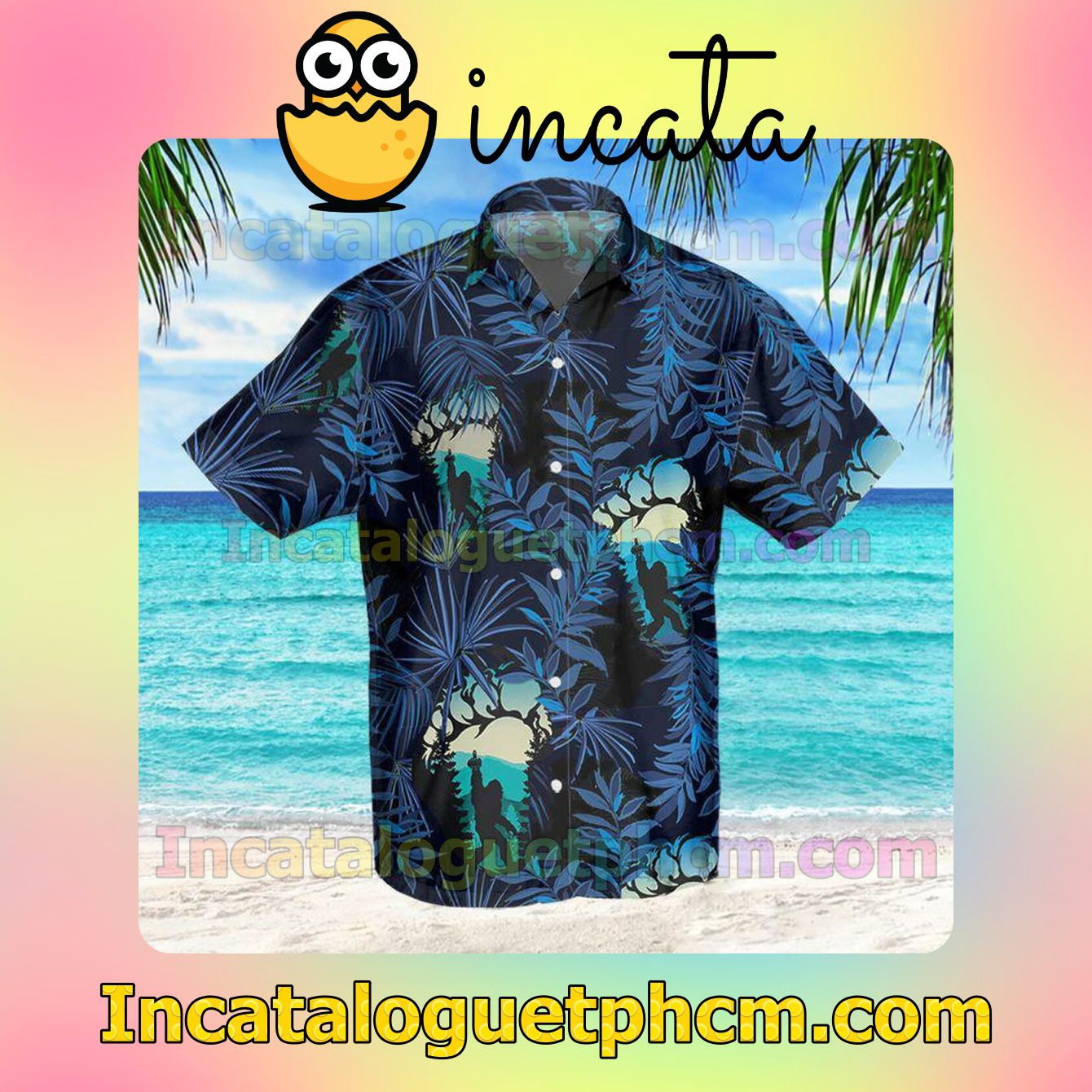 Bigfoot Behind Tropical Leave Short Sleeve Shirt