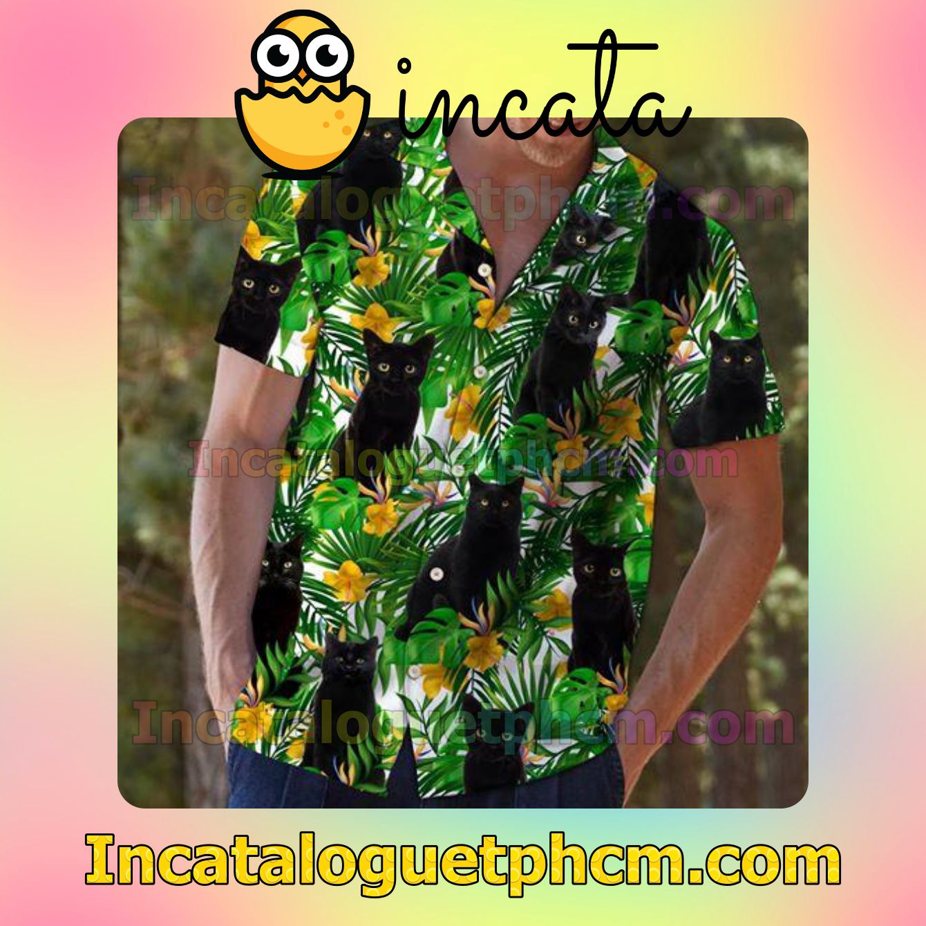 Black Cat Tropical Wild Flowers Men's Casual Shirts