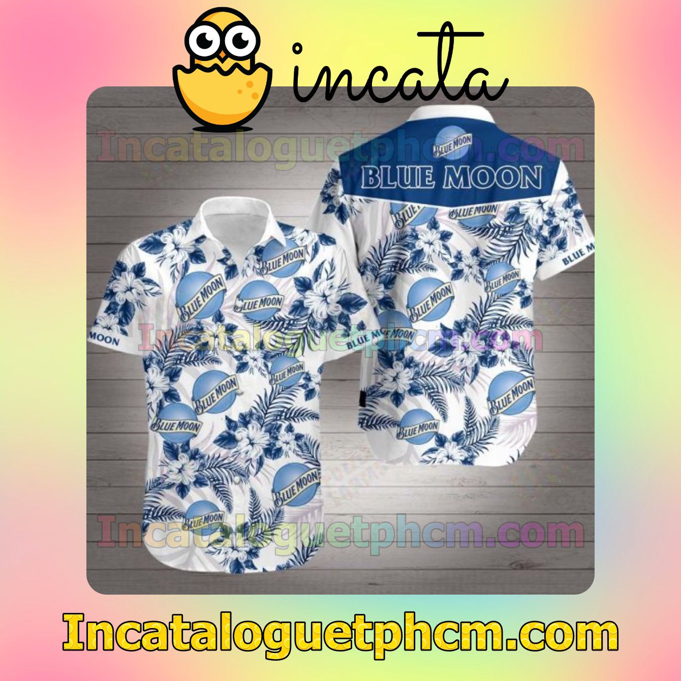 Blue Moon Logo And Navy Tropical Floral White Men's Casual Shirts