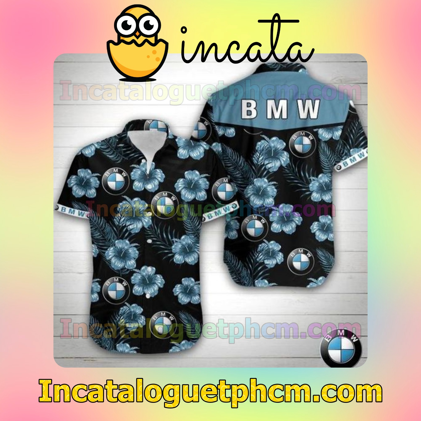 Bmw Logo And Blue Hibiscus Black Mens Short Sleeve Shirts
