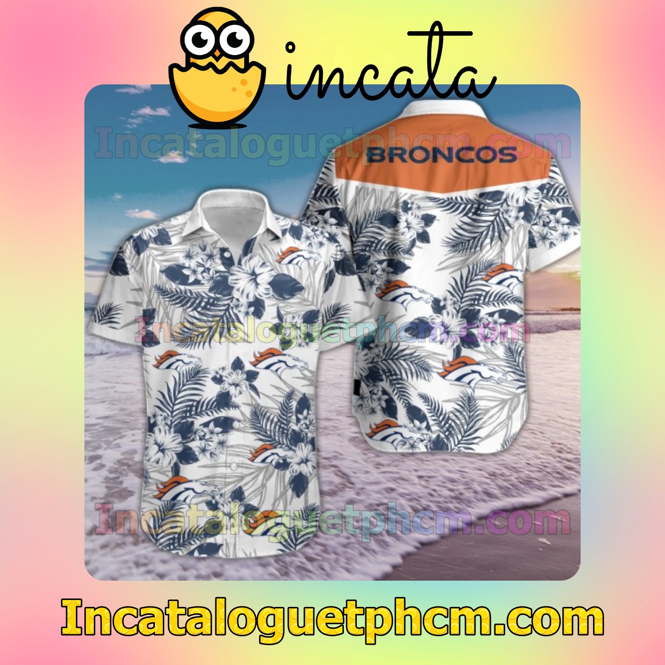 Broncos Navy Tropical Floral White Mens Short Sleeve Shirts