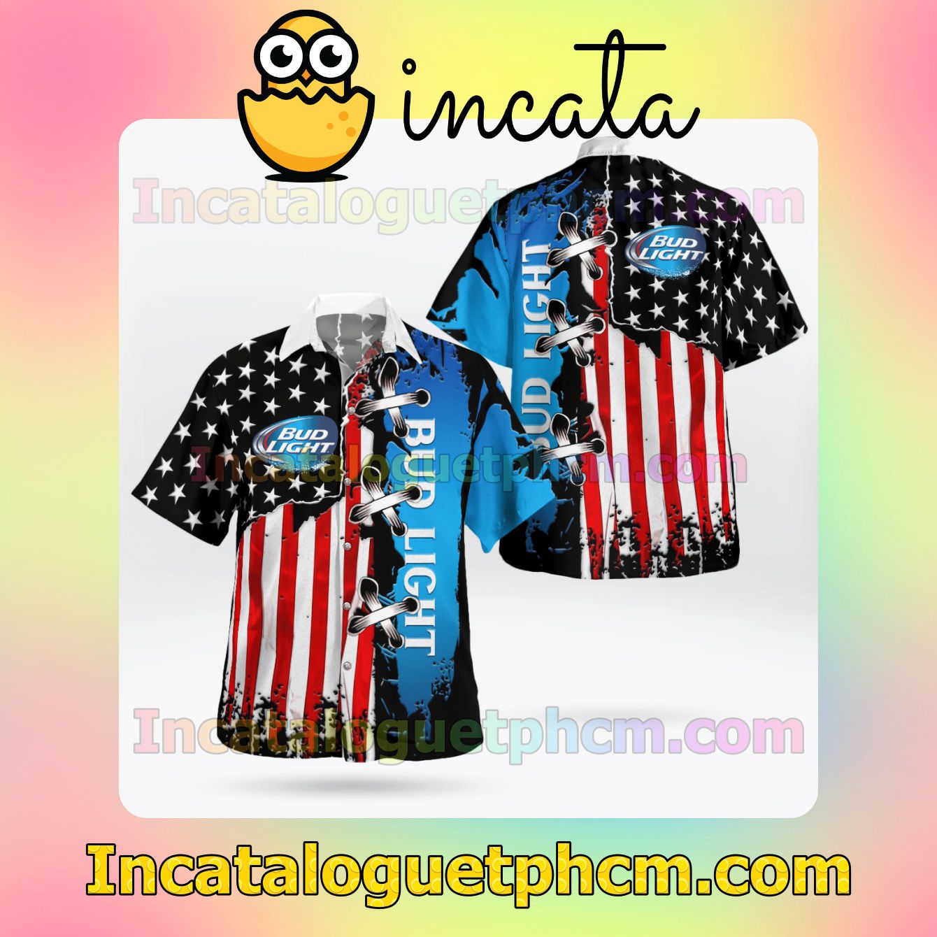 Bud Light American Flag Color Button Shirt And Swim Trunk