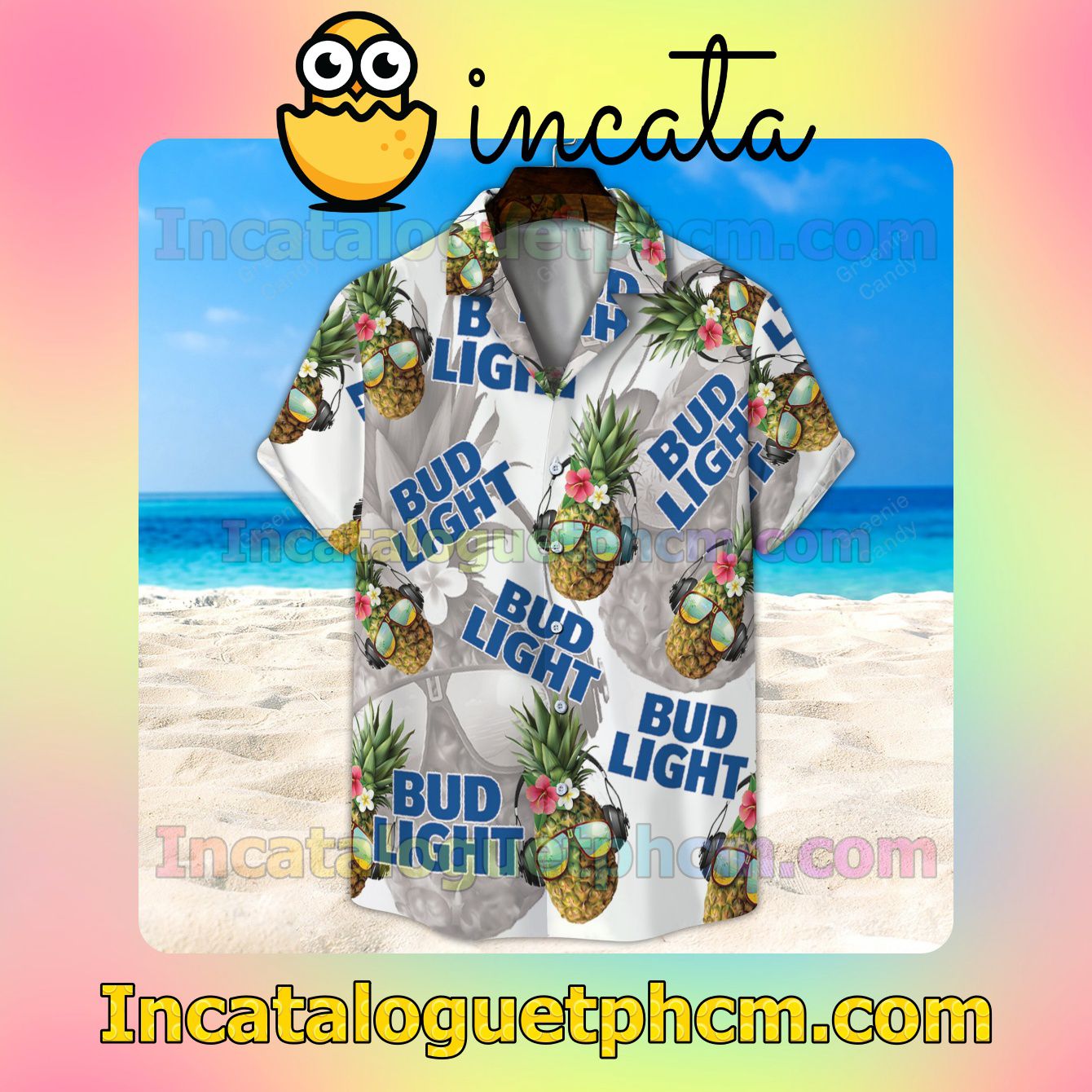 Bud Light Funny Pineapple Unisex White Button Shirt And Swim Trunk
