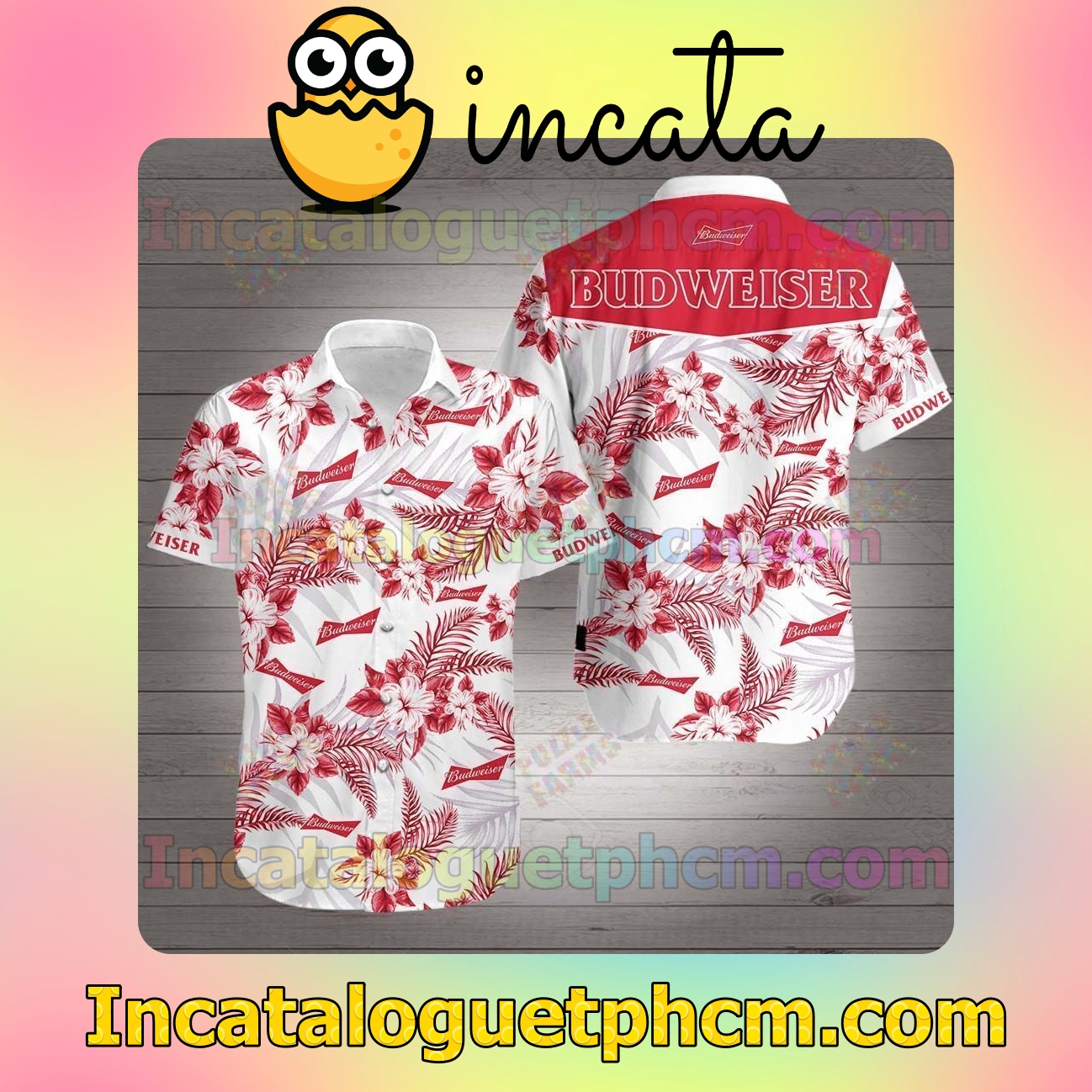 Budweiser Red Tropical Floral White Mens Short Sleeve Shirts
