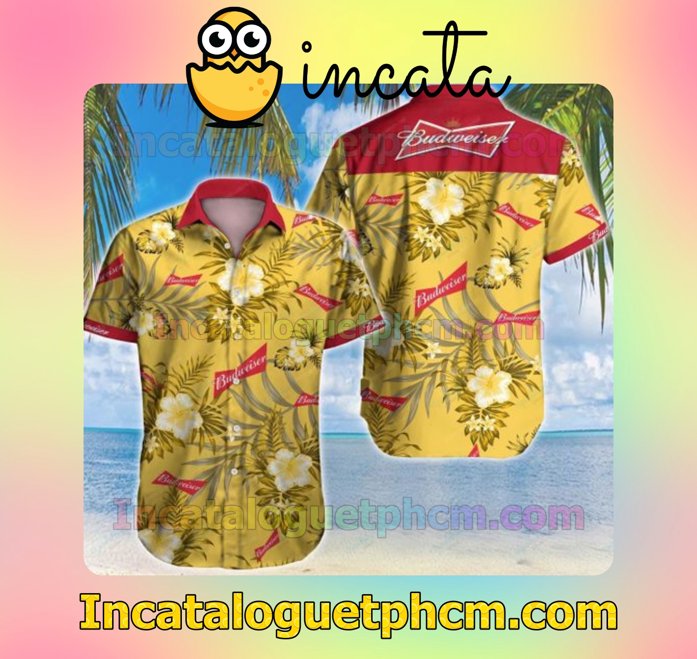 Budweiser Tropical Floral Yellow Mens Short Sleeve Shirts