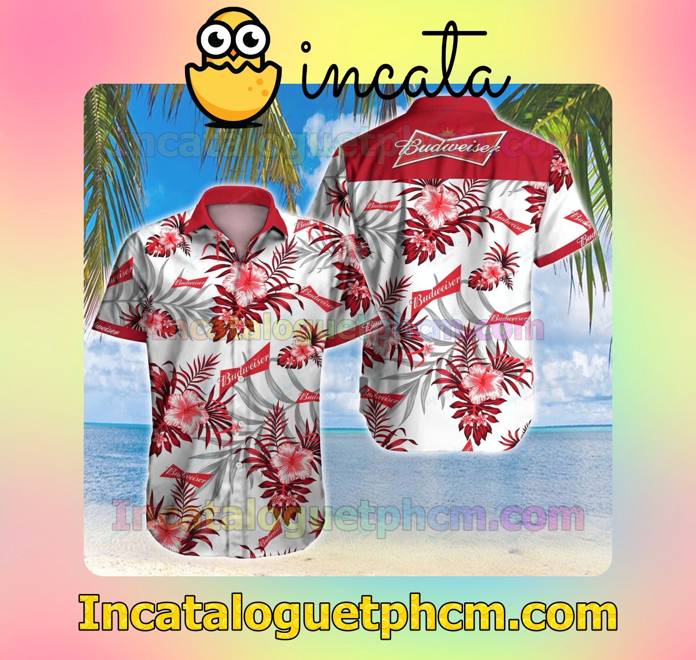 Budweiser Tropical Pattern Red And White Mens Short Sleeve Shirts