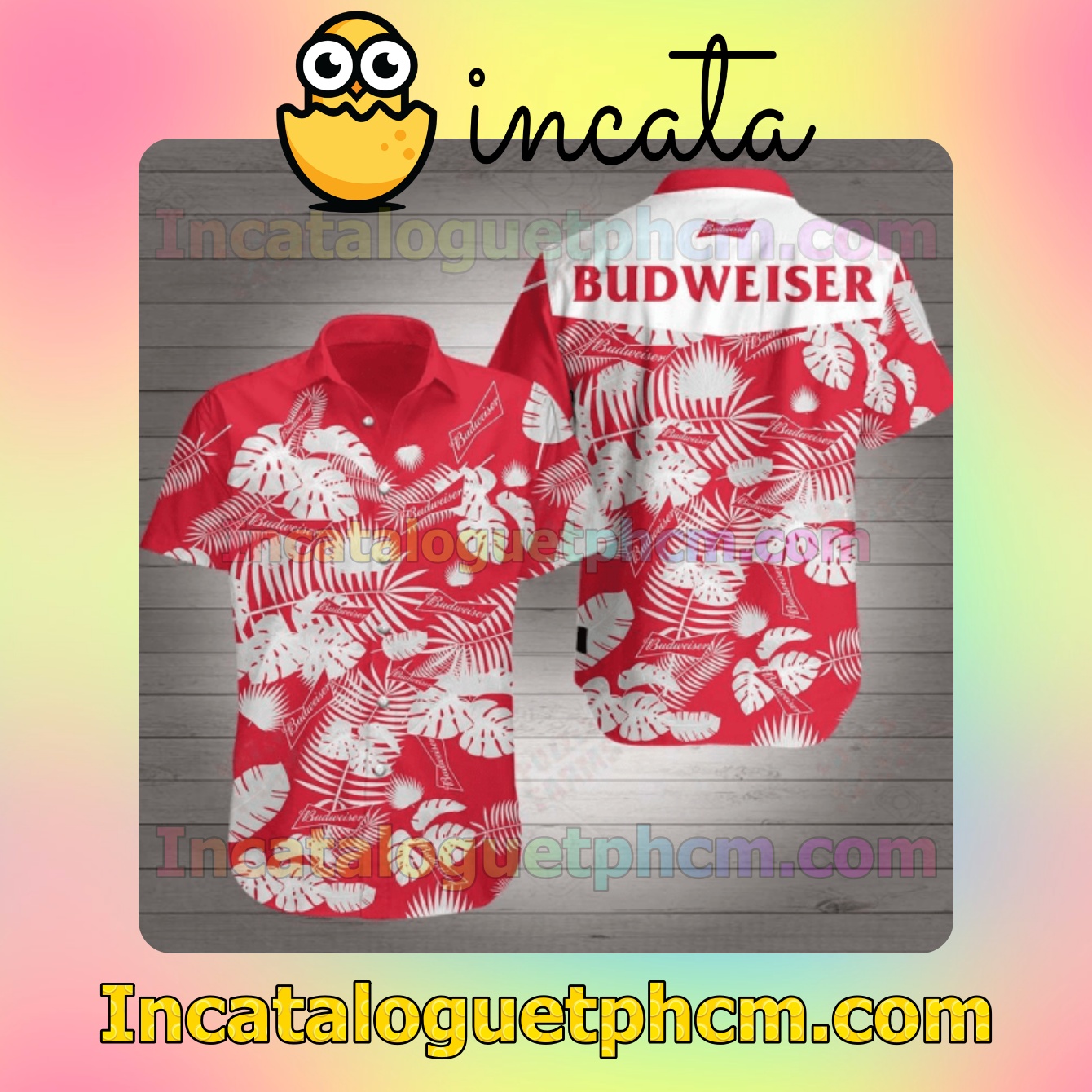 Budweiser White Tropical Leaves Red Mens Short Sleeve Shirts