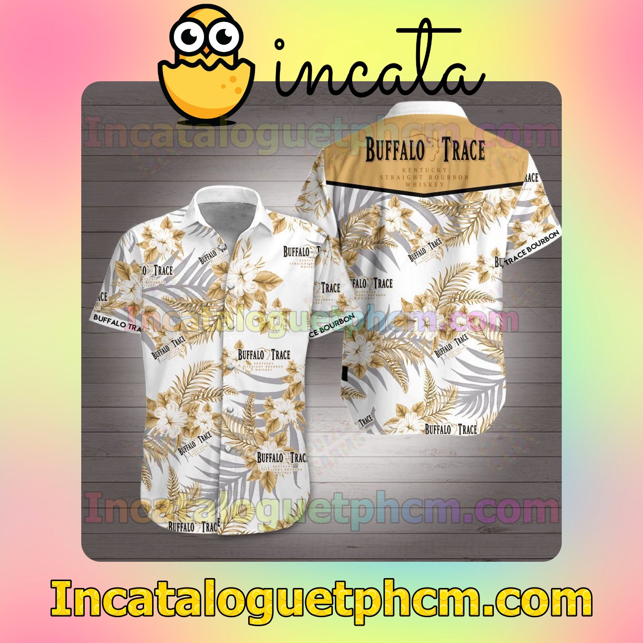 Buffalo Trace Kentucky Straight Bourbon Whiskey Gold Tropical Floral White Mens Short Sleeve Shirts