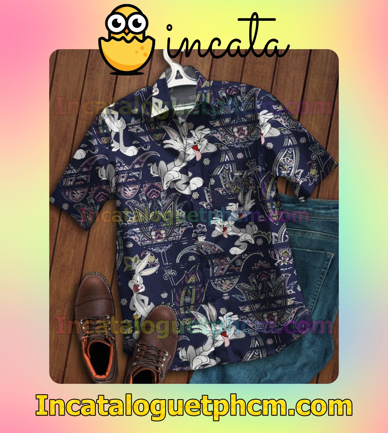 Bugs Bunny Flower Pattern Navy Mens Short Sleeve Shirts