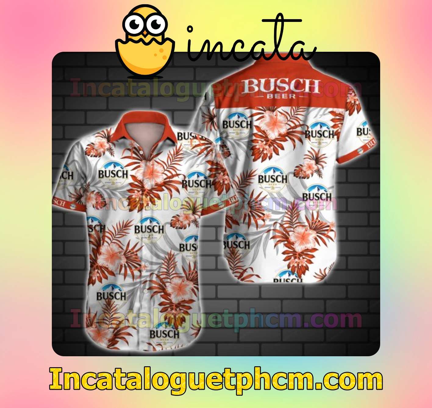 Busch Beer Logo And Red Hibiscus On White Mens Short Sleeve Shirts
