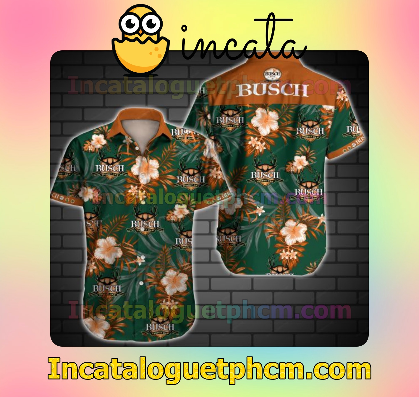 Busch Gold Trophy Beer Logo And Orange Hibiscus On Green Mens Short Sleeve Shirts